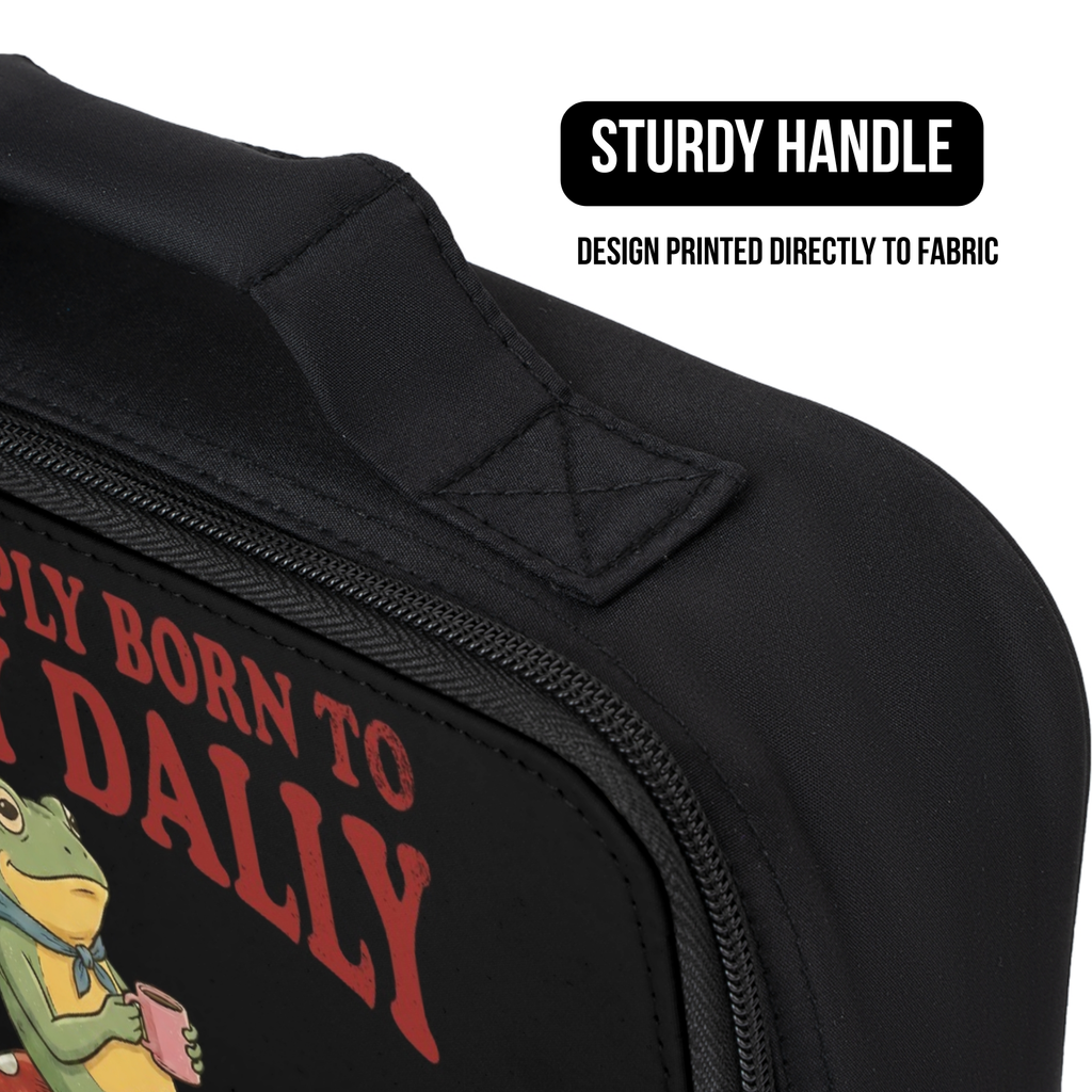 Black bag with a graphic design and text, featuring a sturdy handle.