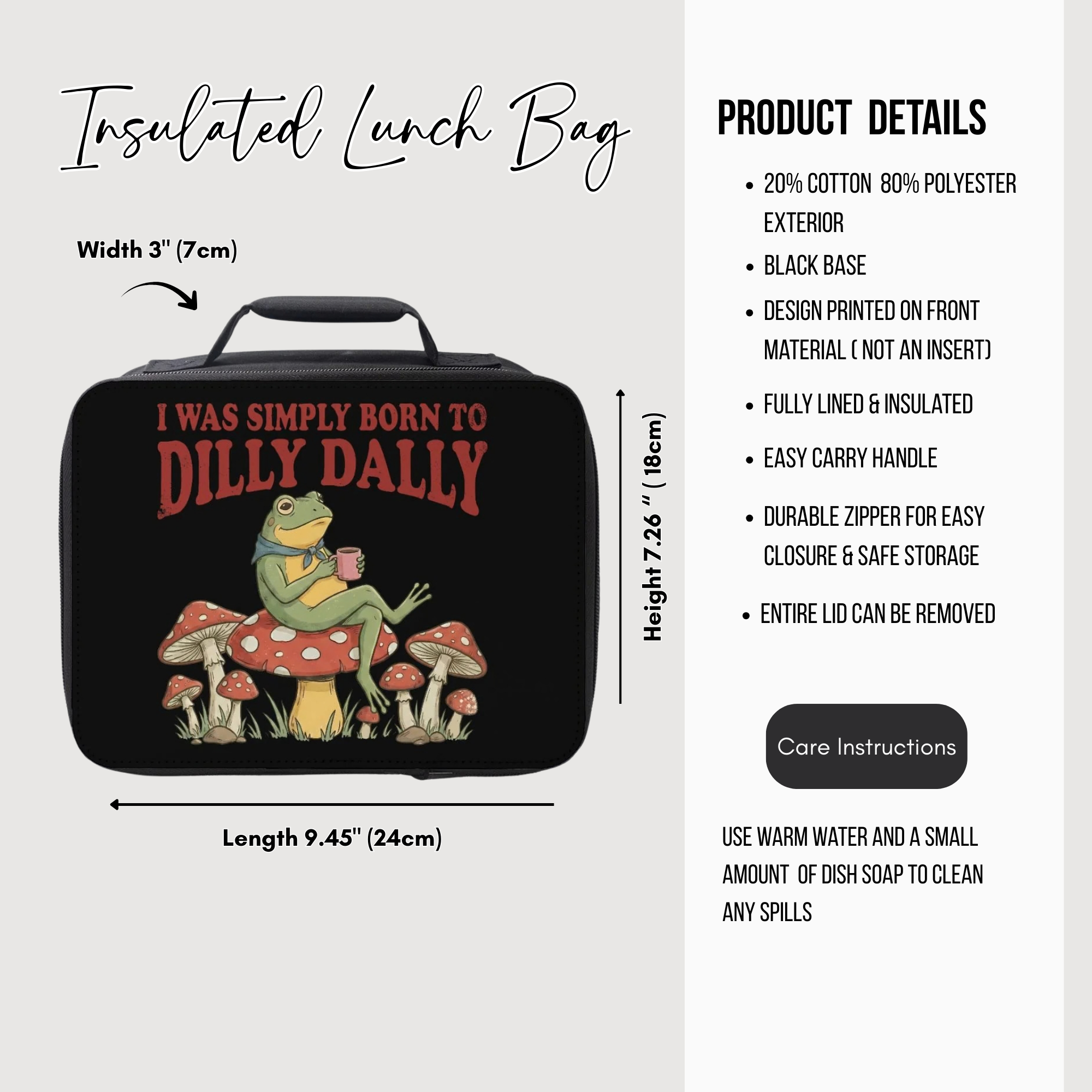 Insulated lunch bag with frog design and text, featuring dimensions and product details.