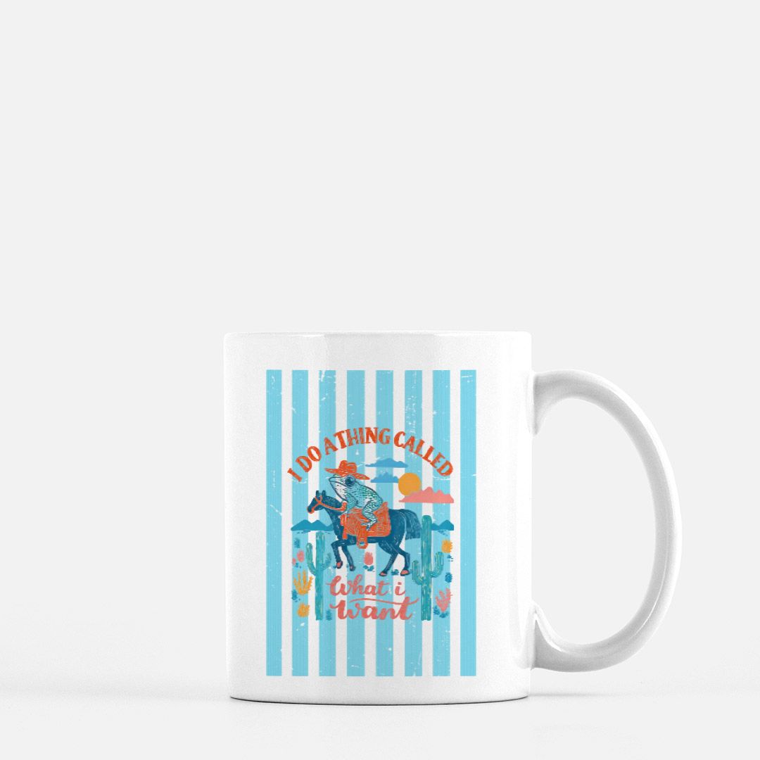 Mug with a colorful design of a horse and text on a white background