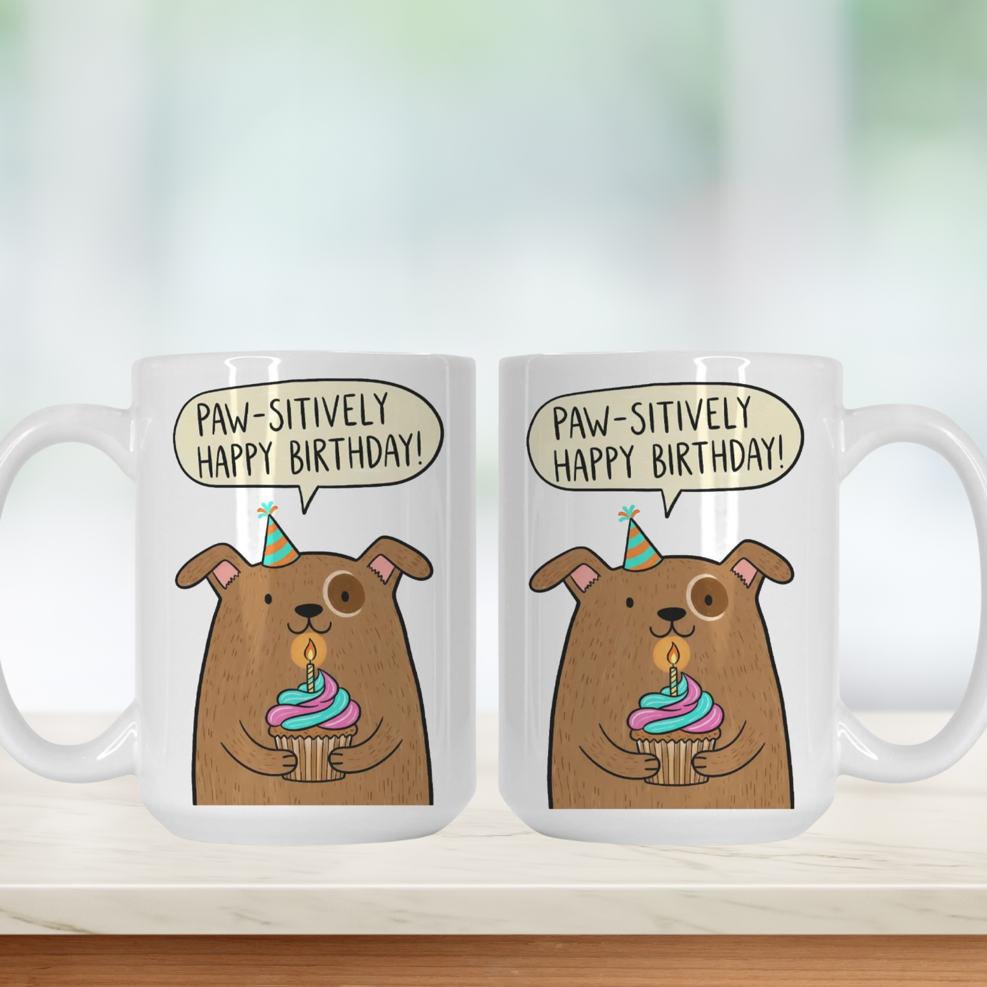 Two mugs with cartoon dogs and birthday-themed text on a white background