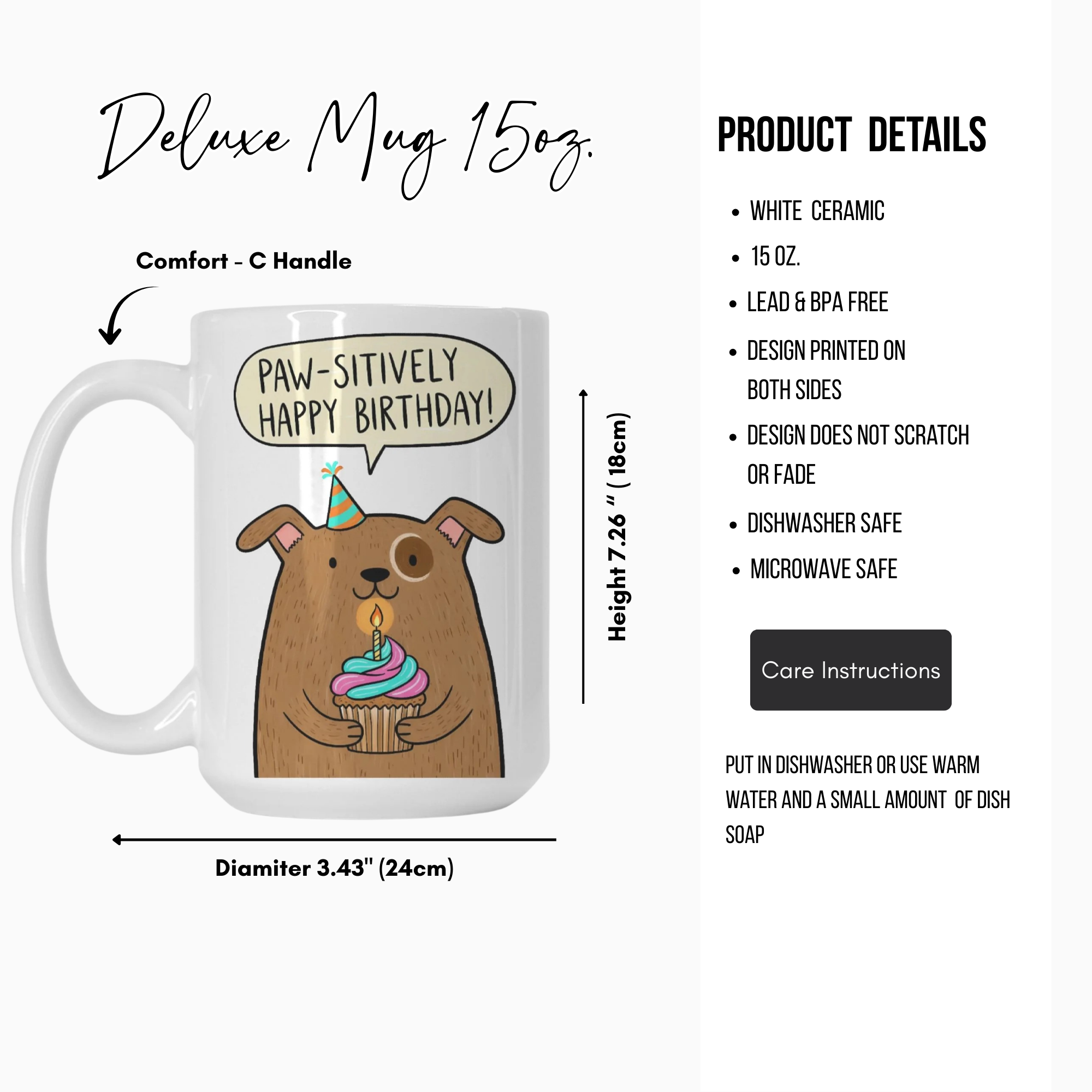 White ceramic mug with a brown dog design and text 'PAW-sitively Happy Birthday!' on a white background.