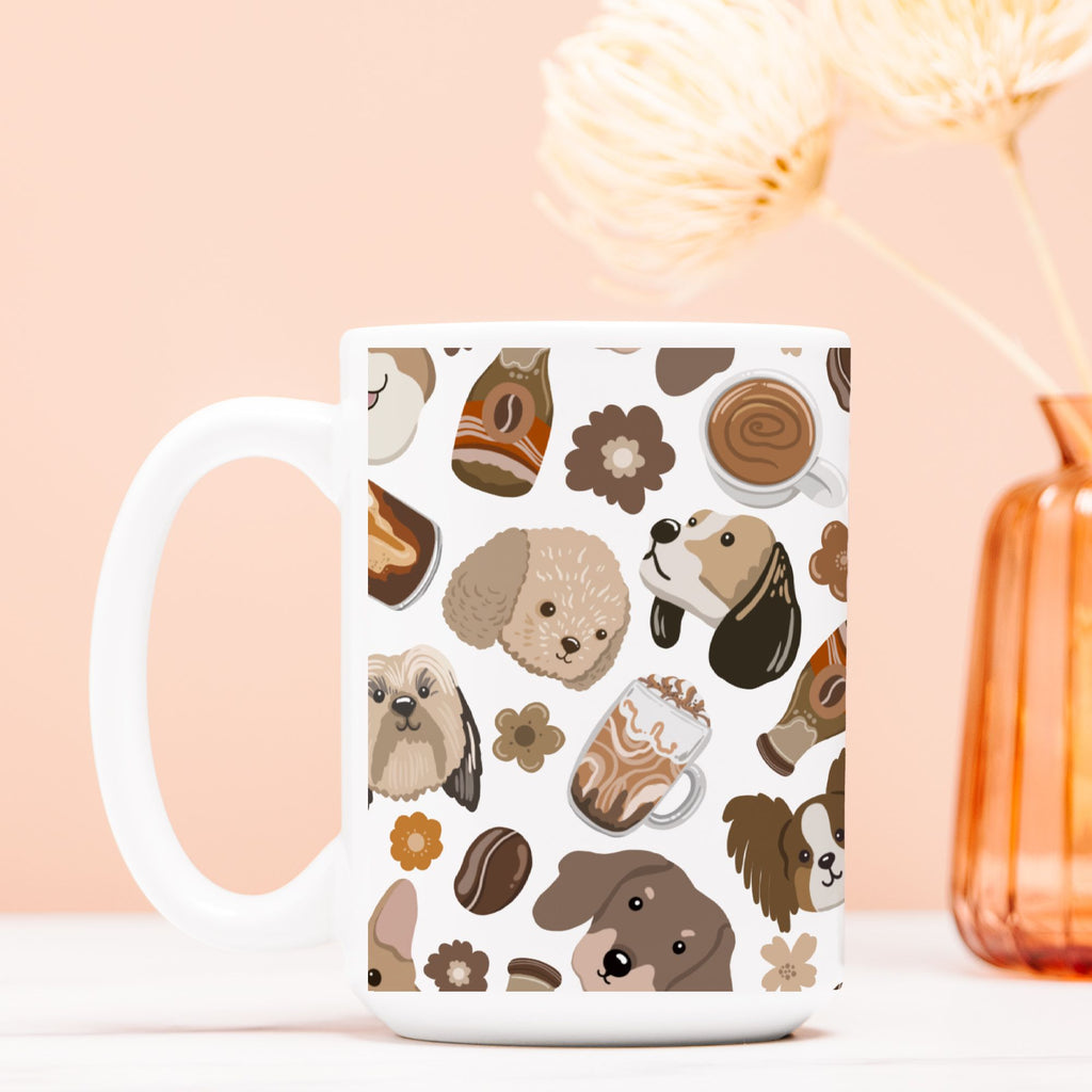 White mug with dog and coffee pattern on a light pink background