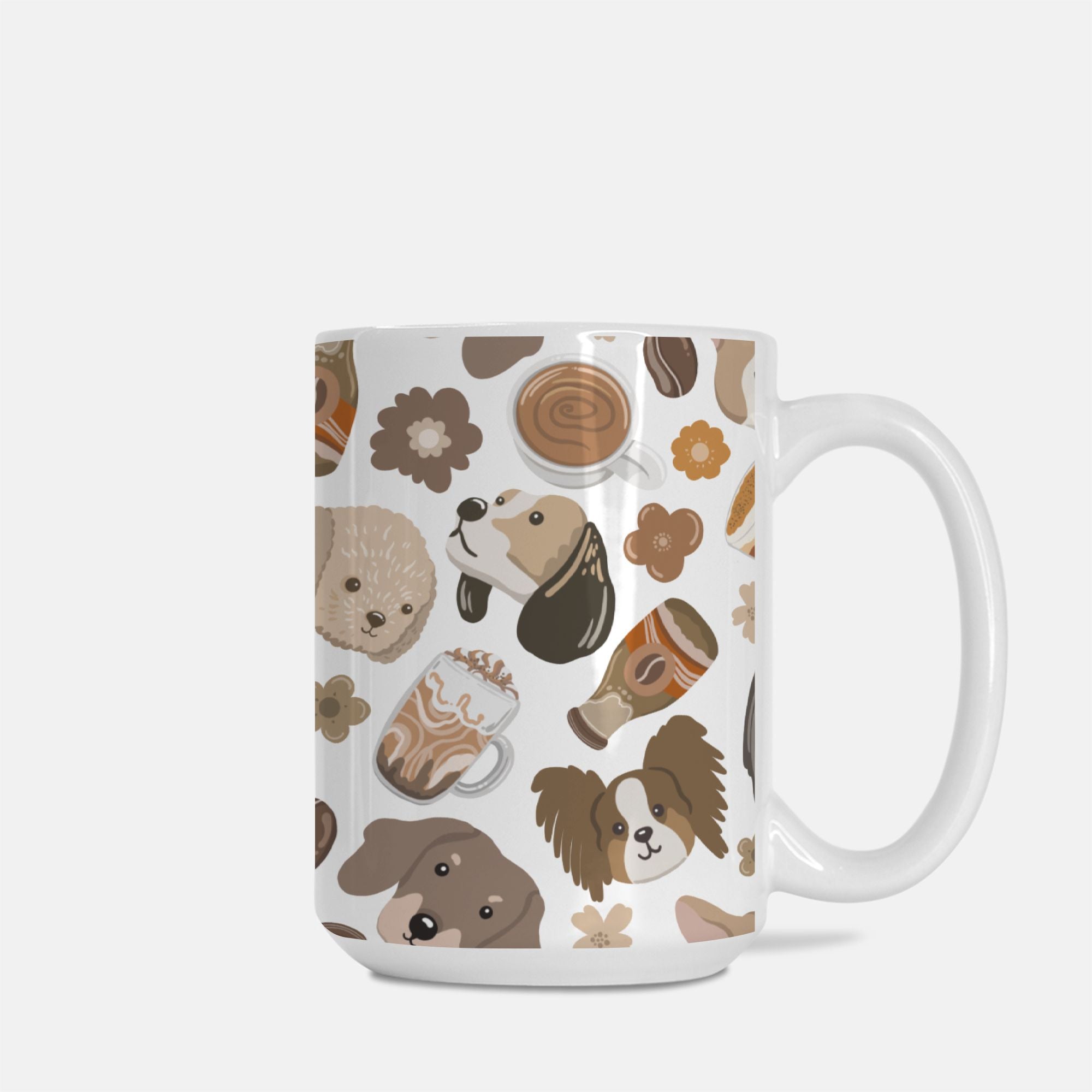 White mug with brown dog illustrations on a white background