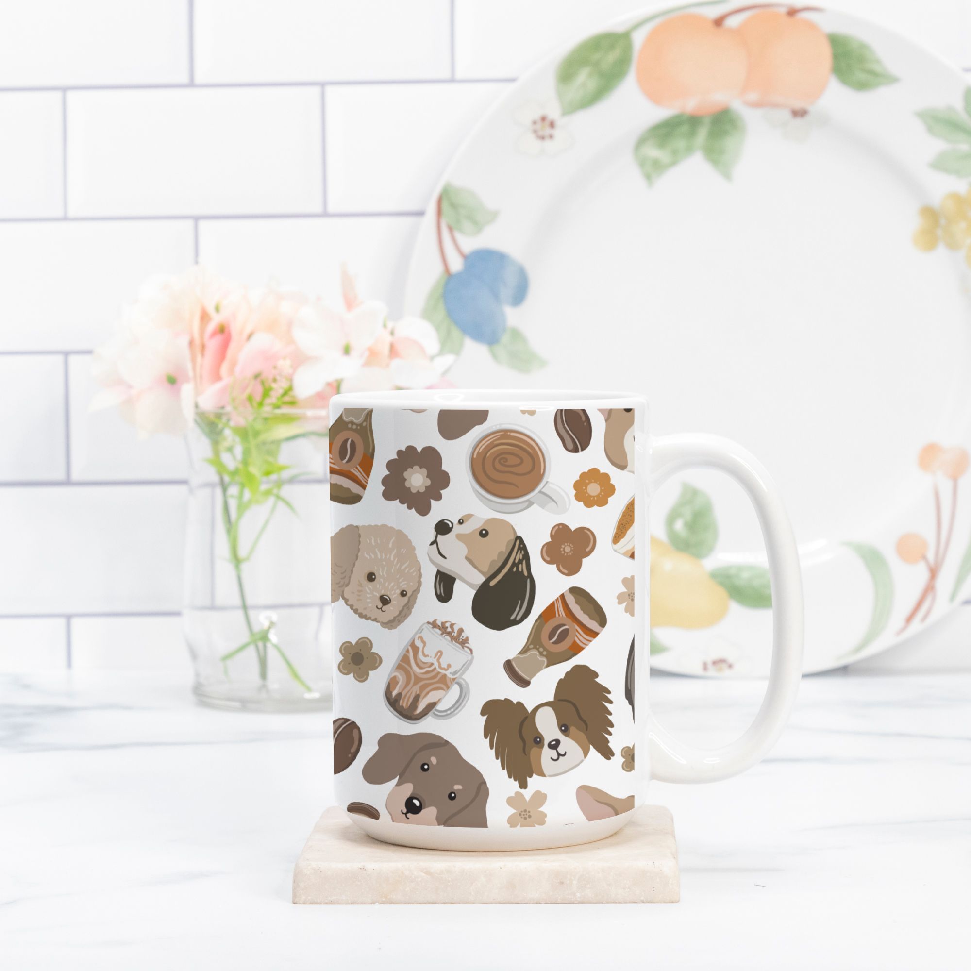 Mug with dog pattern on a white surface with a decorative plate in the background.