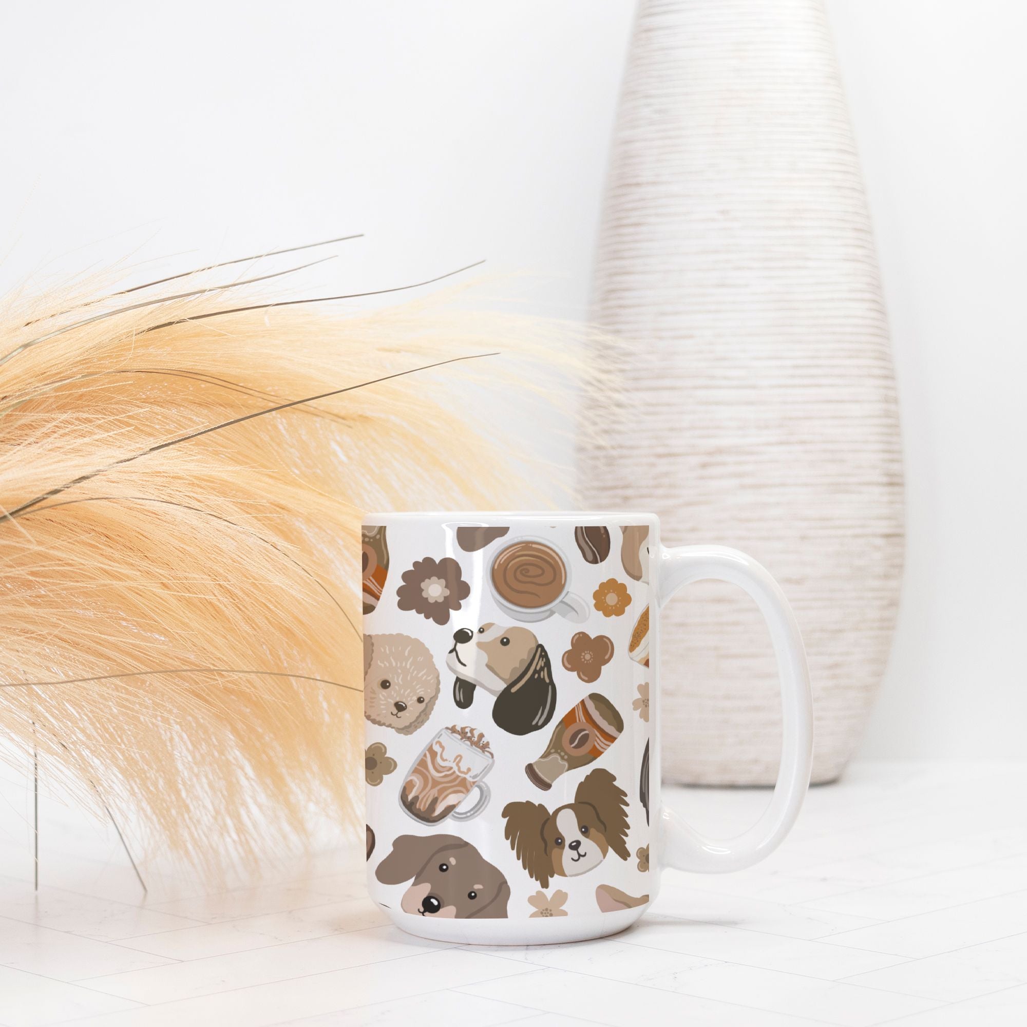 White mug with dog pattern on a white surface with decorative elements
