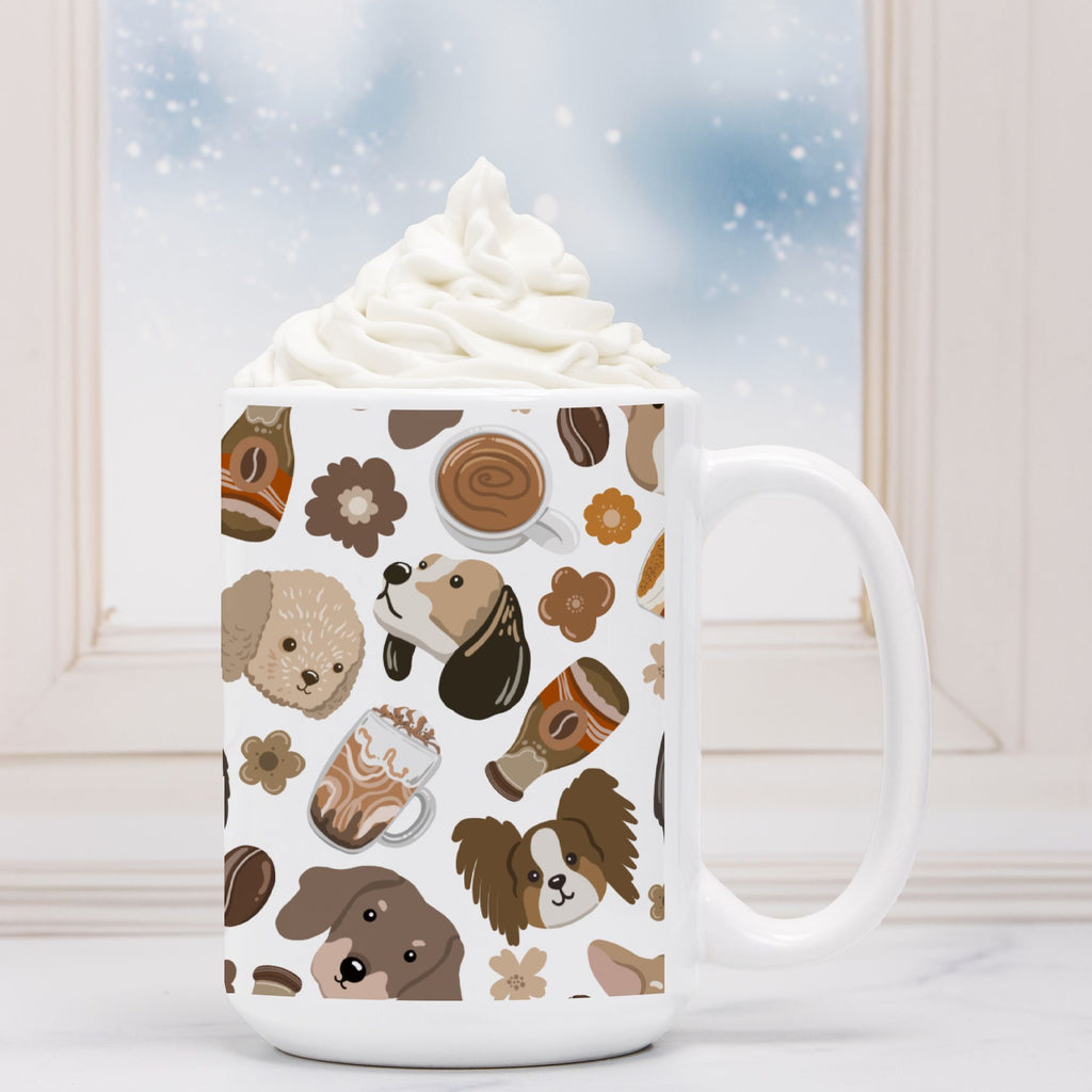 White mug with dog pattern on a white background