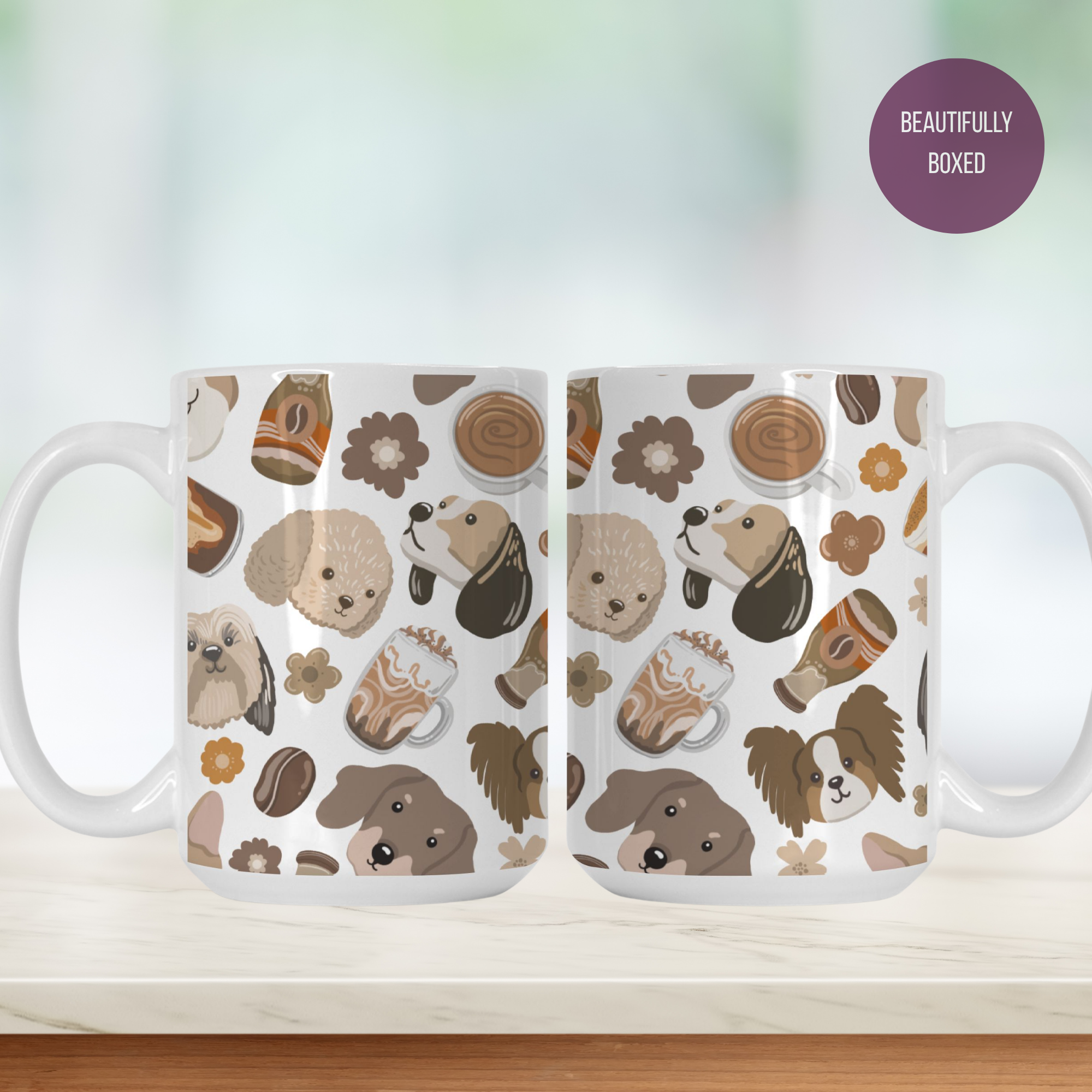 Two mugs with dog pattern on a white background