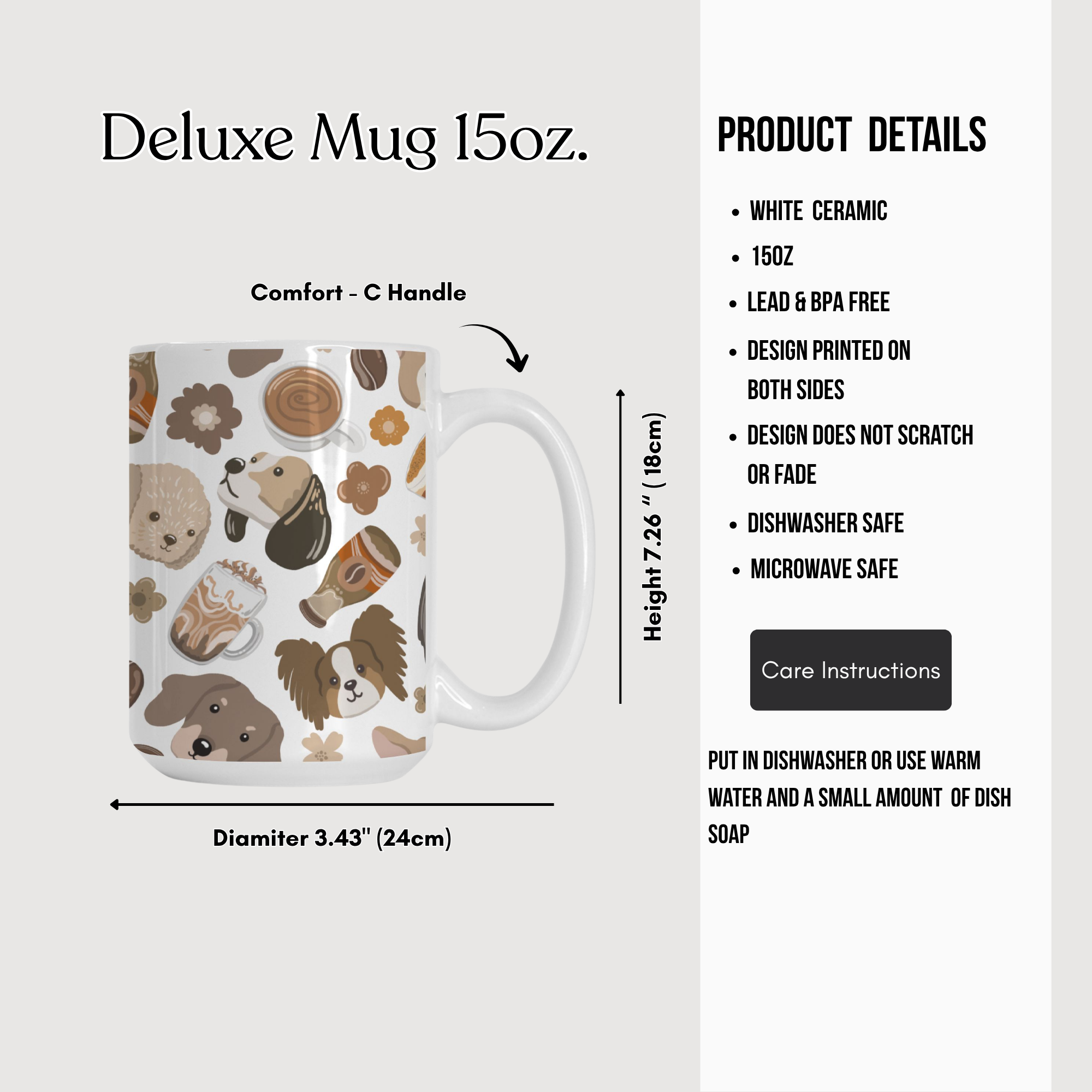 Deluxe mug with dog pattern on a white background, featuring product details.