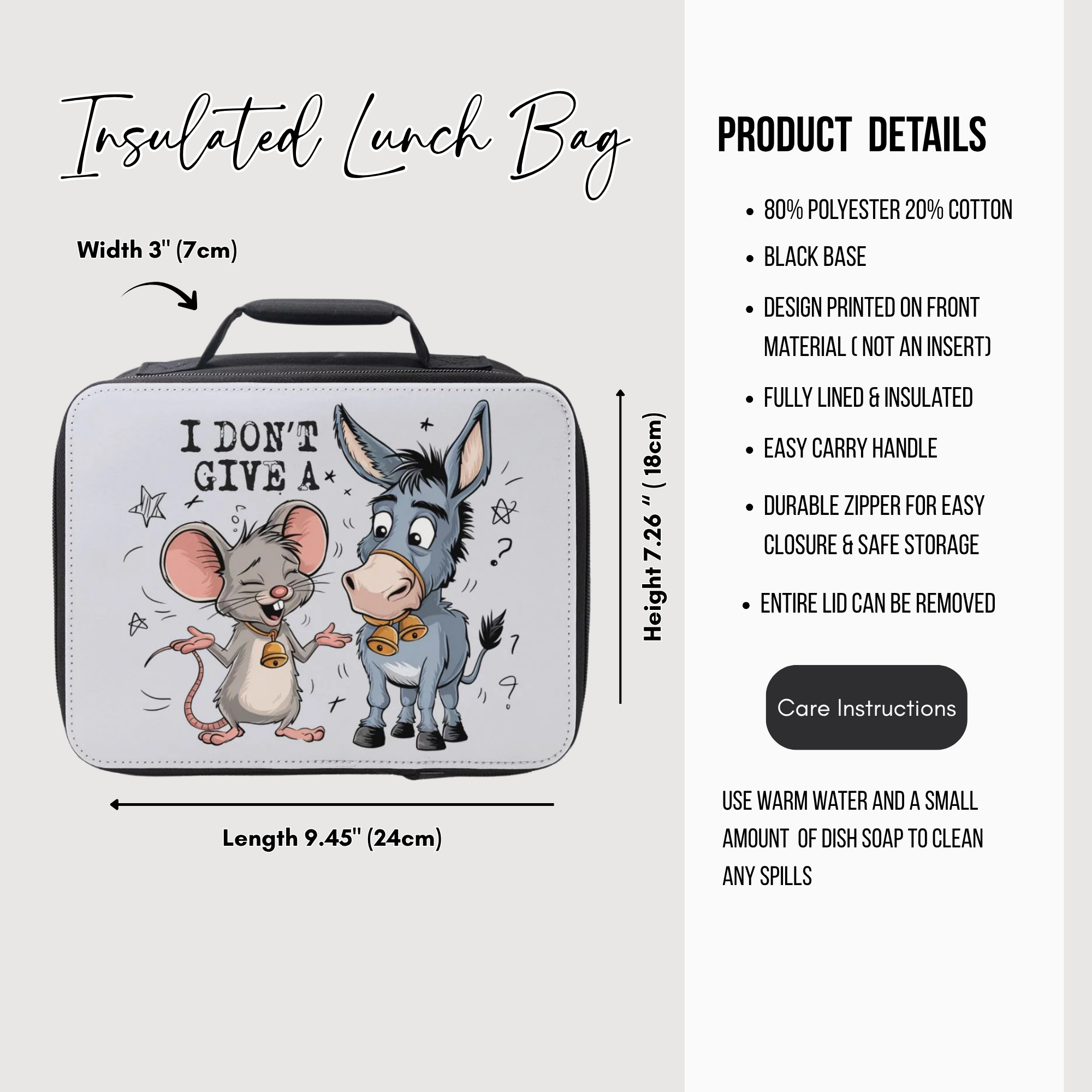 Insulated lunch bag with cartoon characters and product details on a white background