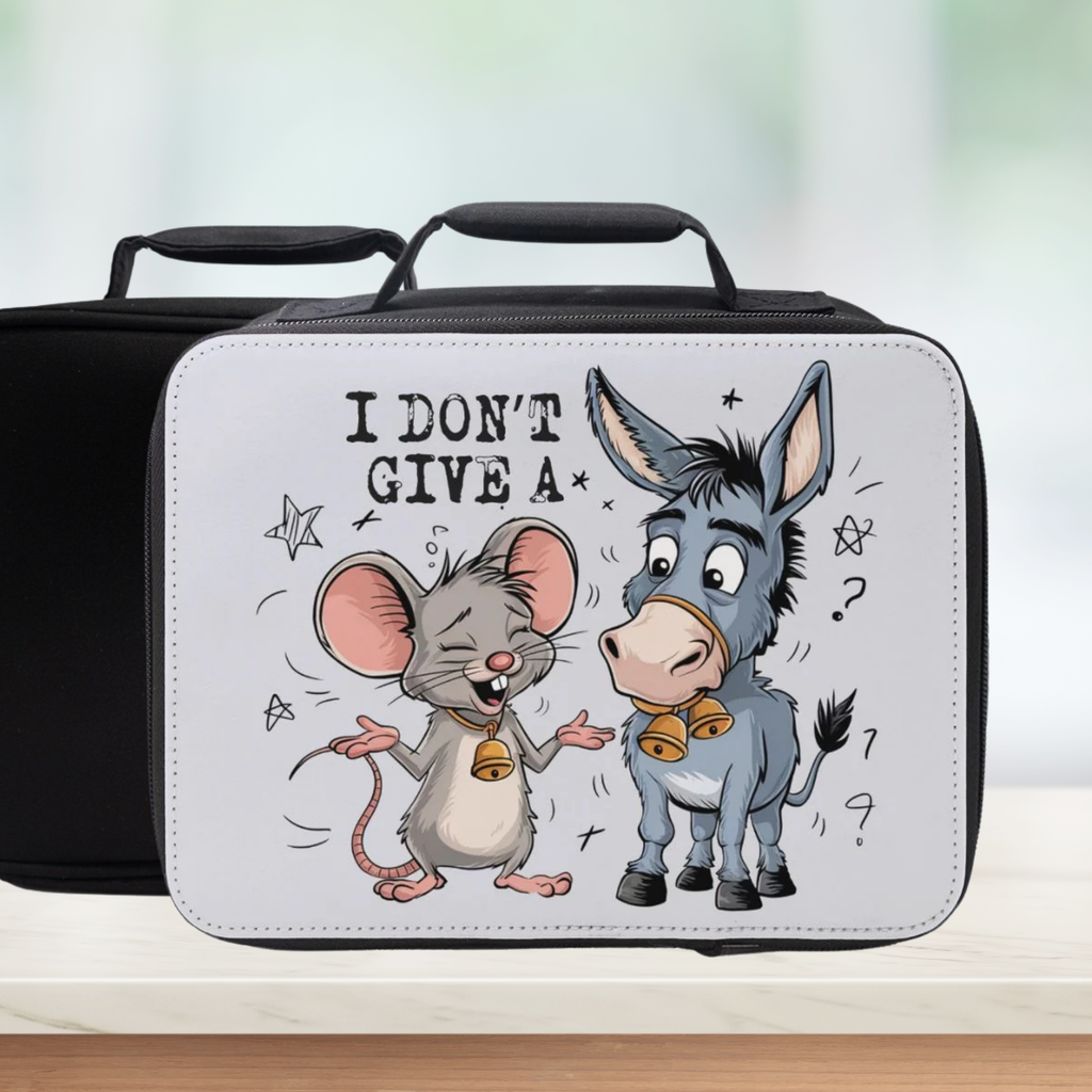 Black lunch box with cartoon mouse and donkey design and text 'I Don't Give A' on a light background.
