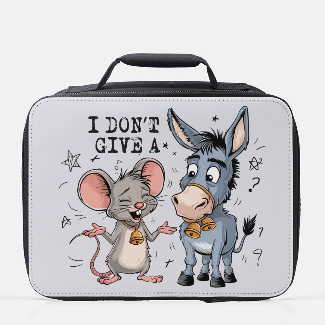 Lunch bag with cartoon mouse and donkey design on a white background