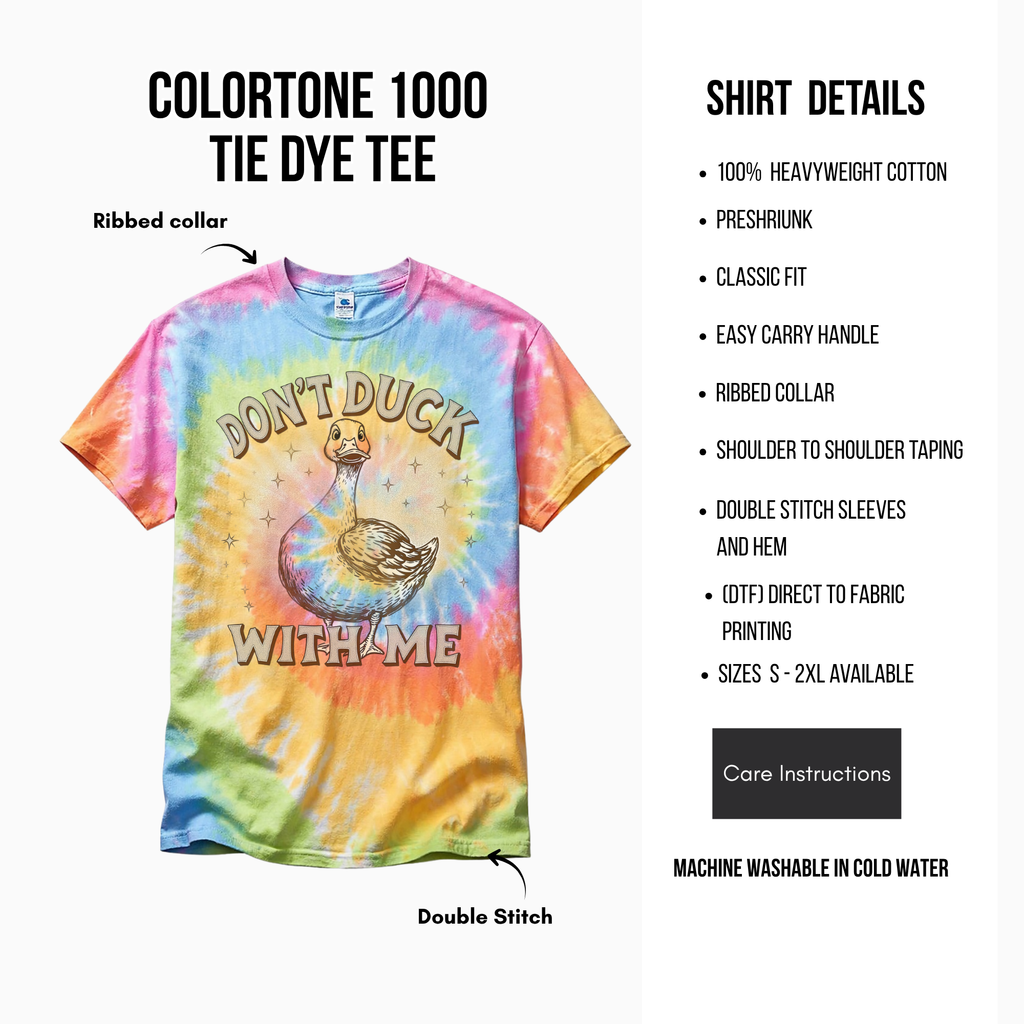 Tie-dye t-shirt with 'Don't Duck With Me' graphic and product details on a white background