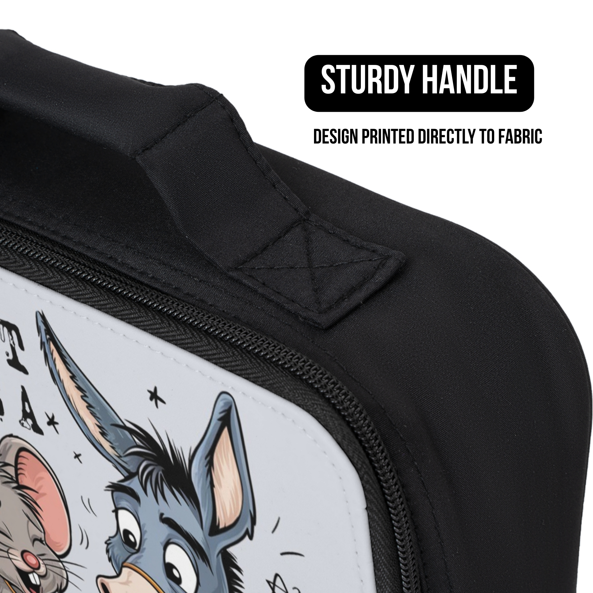 Black lunch bag with cartoon design and 'Sturdy Handle' text on a white background