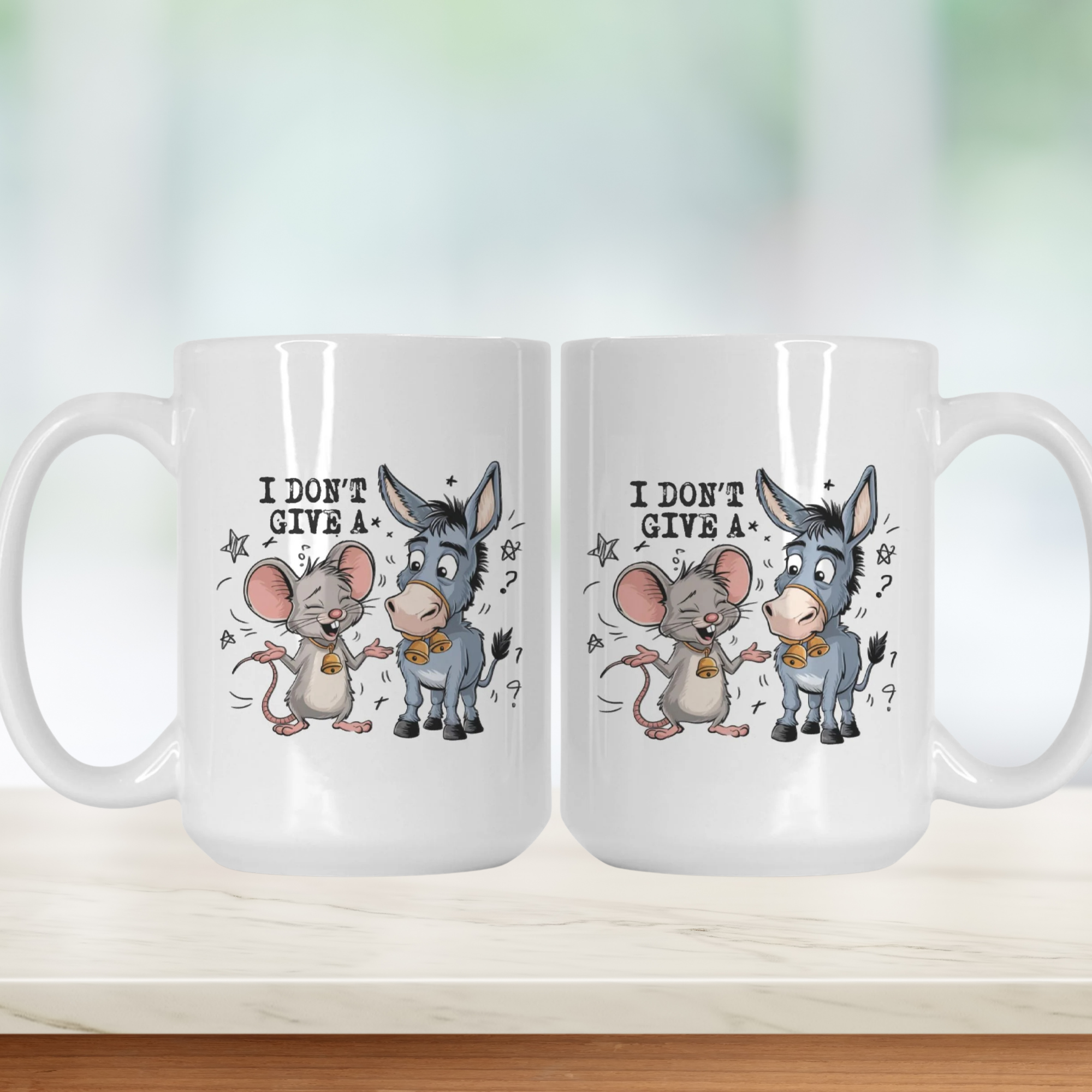 Two white mugs with cartoon character Rat & Donkey and text on a light background