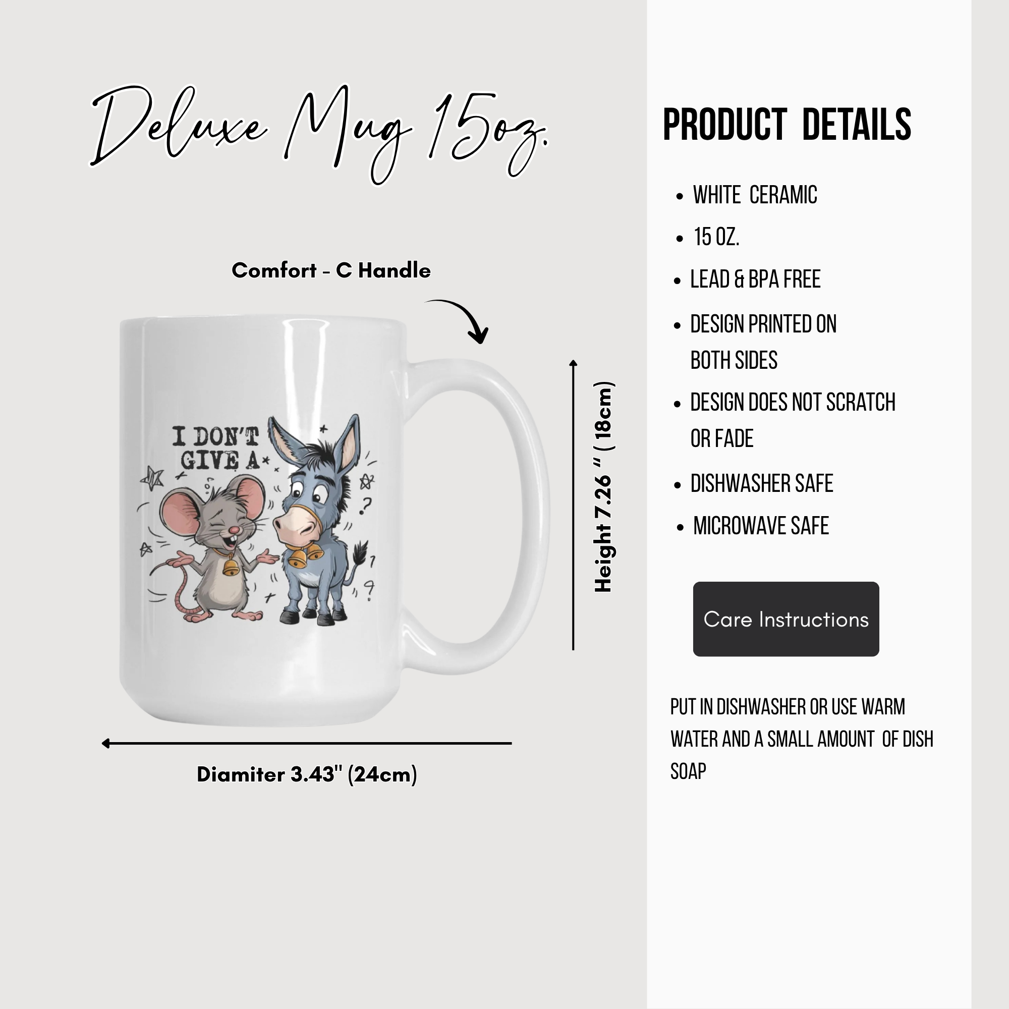 White ceramic mug with mouse and donkey design, featuring product details on a white background.