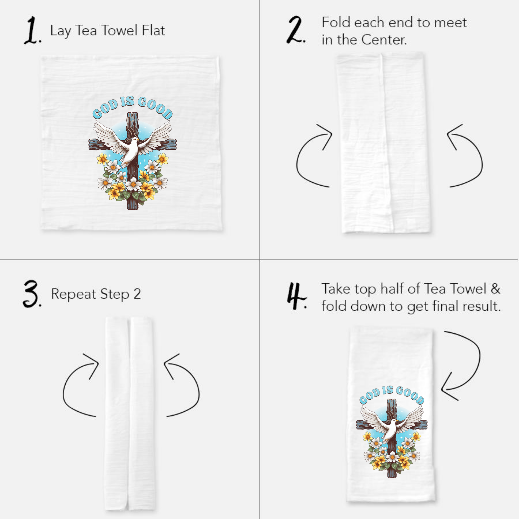 Instructions for folding a tea towel with a cross and dove design.