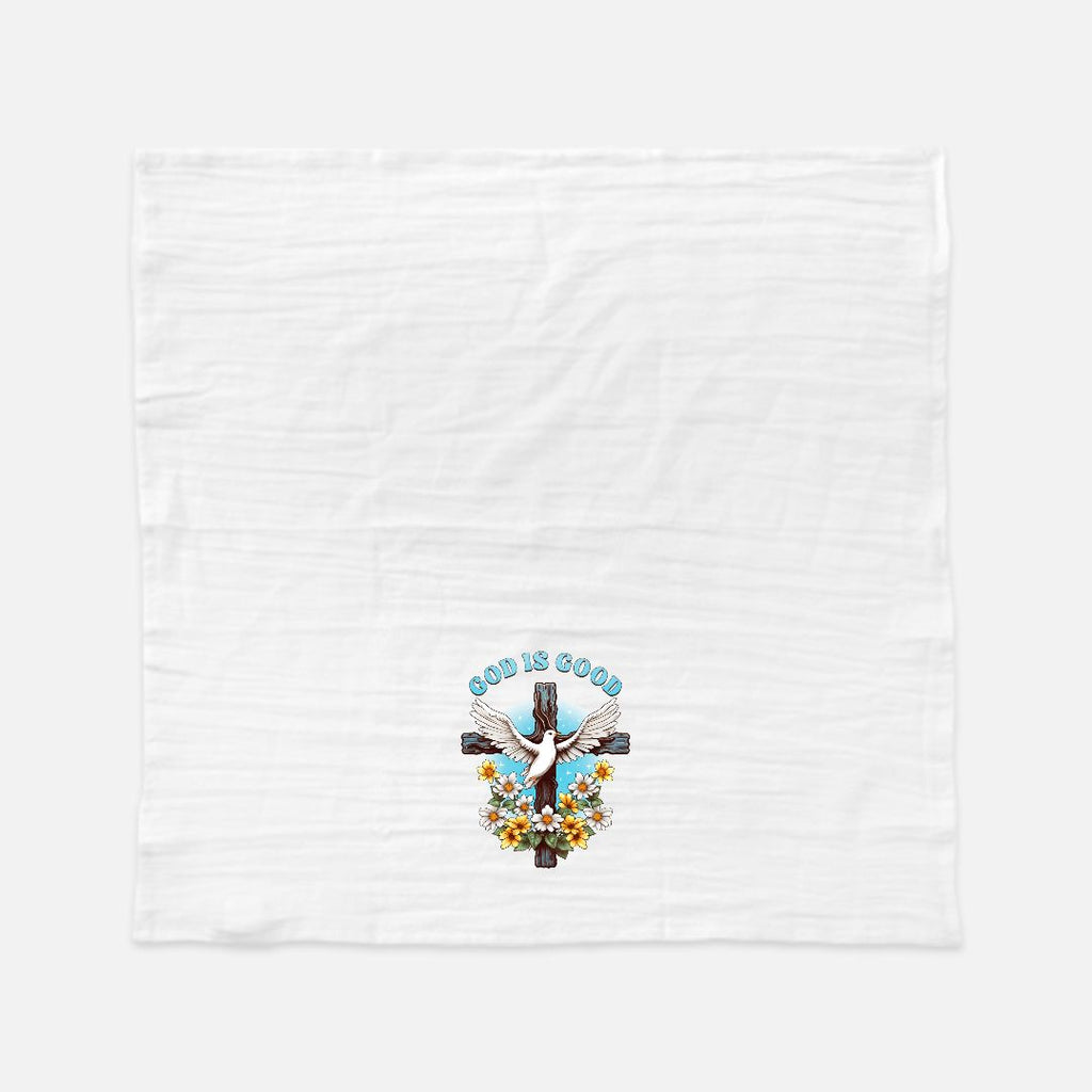 open white tea towel with a graphic design of a cross, angel, and flowers on a white background