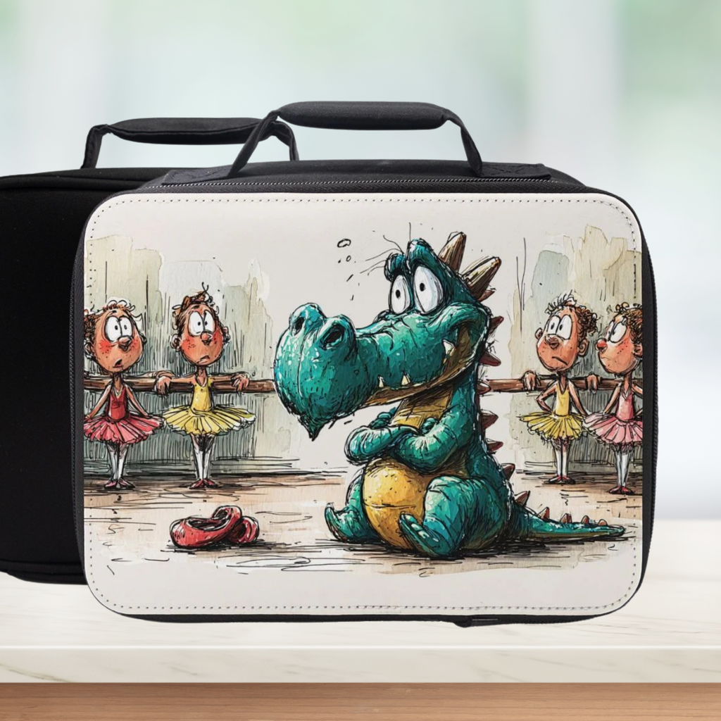 Black lunch bag with a cartoon design of a dragon and ballerinas on a white background
