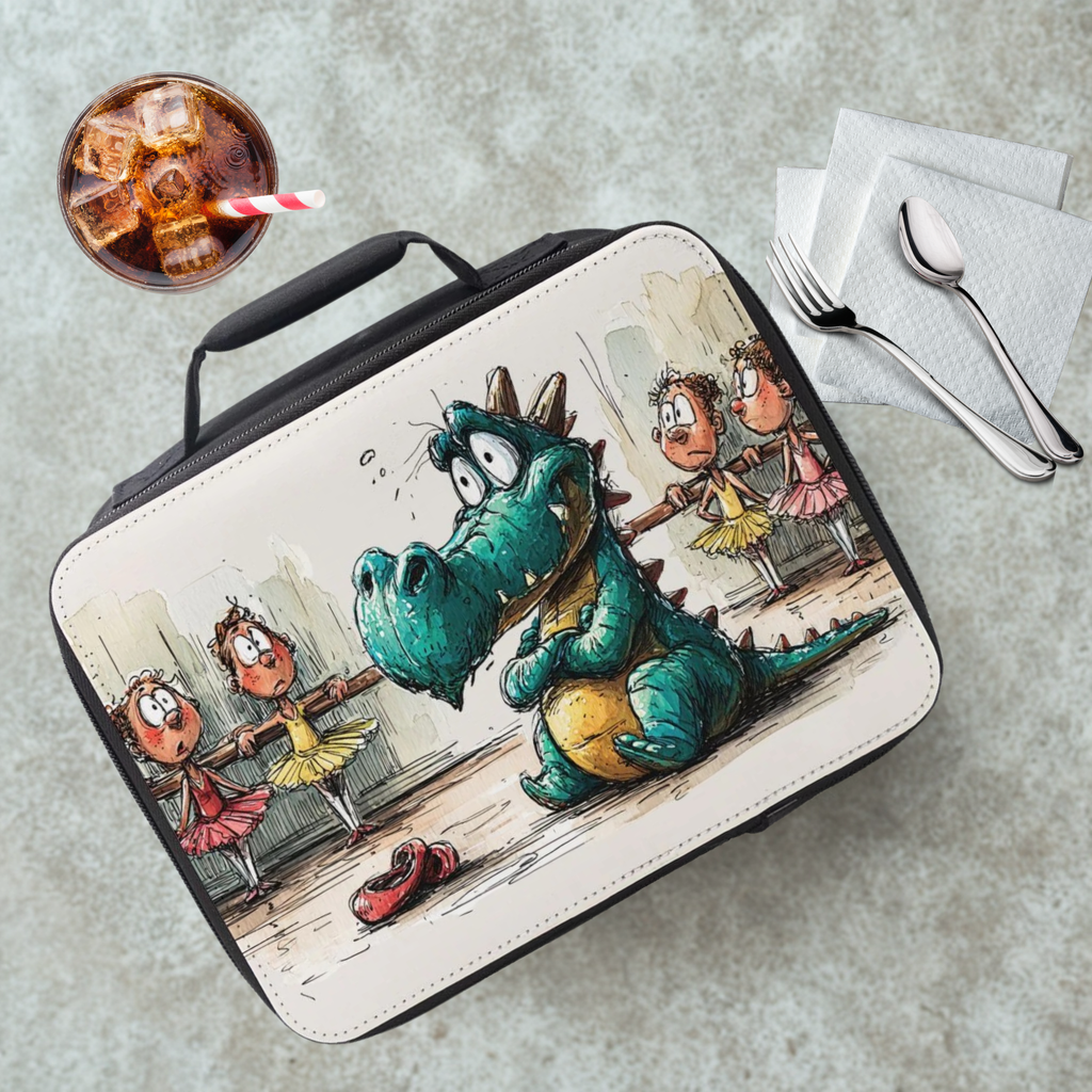 Lunch bag with a dragon illustration on a cafeteria table with a drink and utensils.