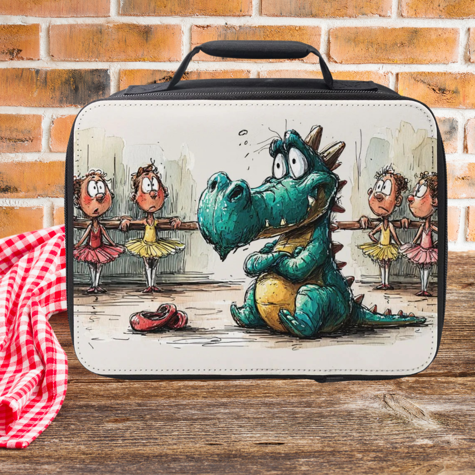 Lunch bag with a cartoon design of a dragon and ballerinas against a brick wall background