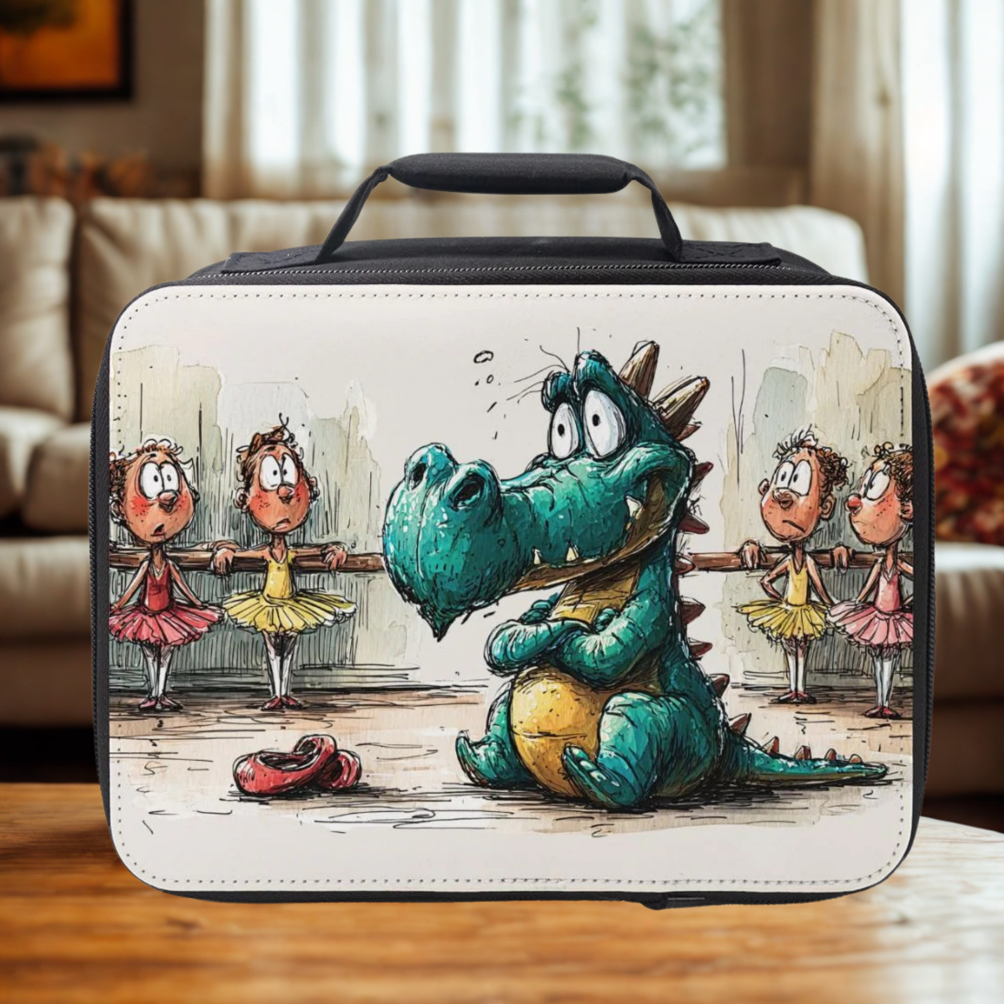 Lunch bag with a cartoon design of a dragon and ballerinas on a wooden surface.