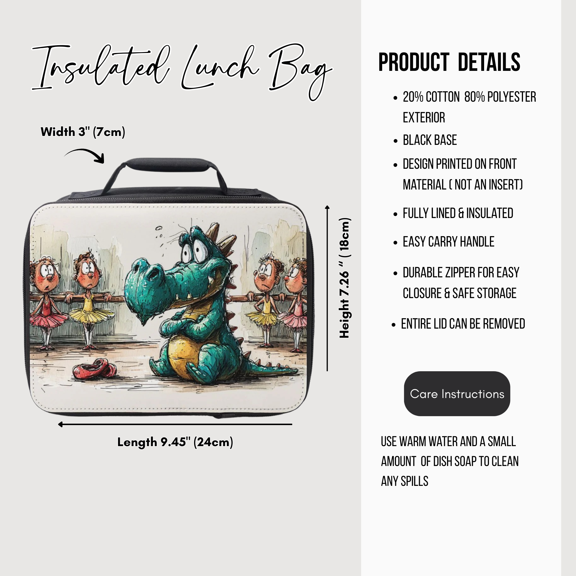 Insulated lunch bag with cartoon dragon design and product details on a white background