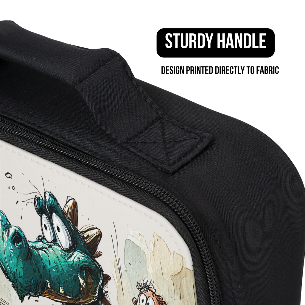 Black lunch bag with a cartoon dinosaur design and sturdy handle feature.