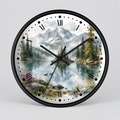 Round wall clock with a black frame and a scenic mountain lake print on the face, featuring black Roman numerals and black hands, shown against a light gray background.