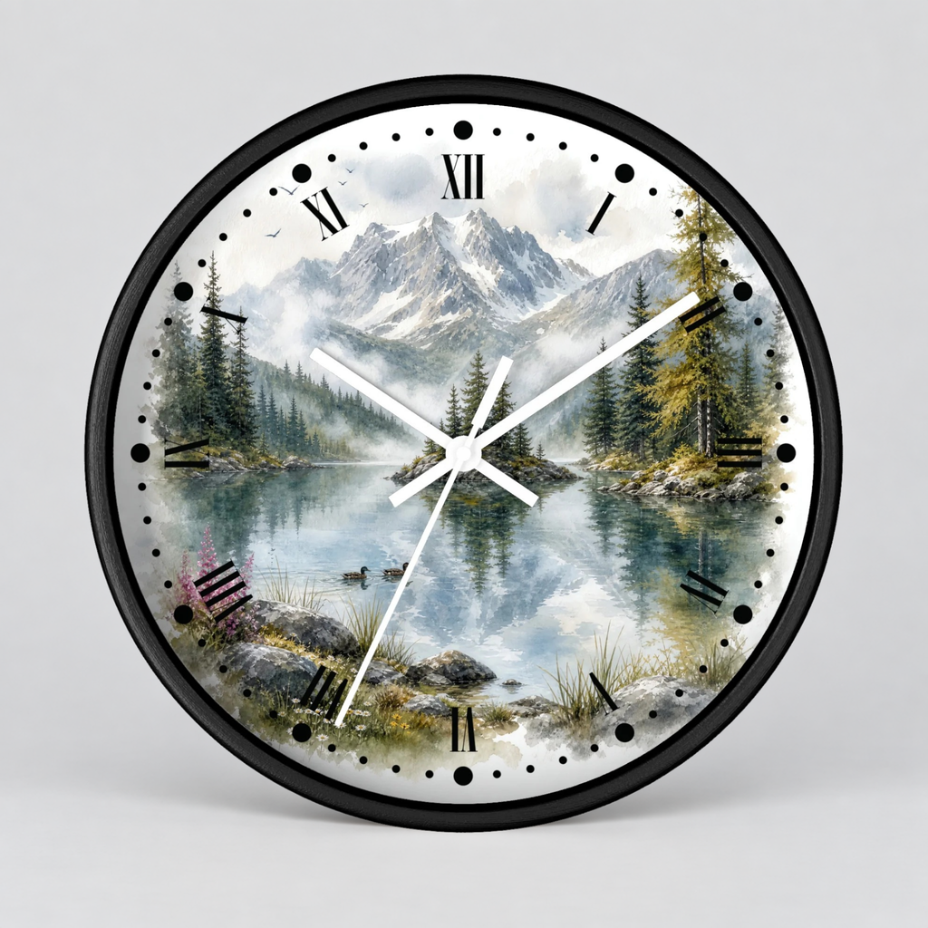 A round wall clock with a black frame and a scenic mountain lake print on the face, featuring black Roman numerals and white hands, shown against a light gray background.