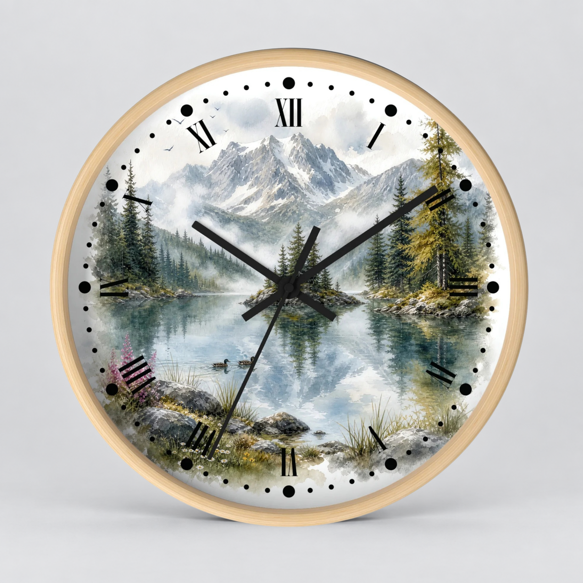 Round wall clock with a light wood frame and a scenic landscape print of a mountain lake, featuring black Roman numerals and hands on a light gray background.