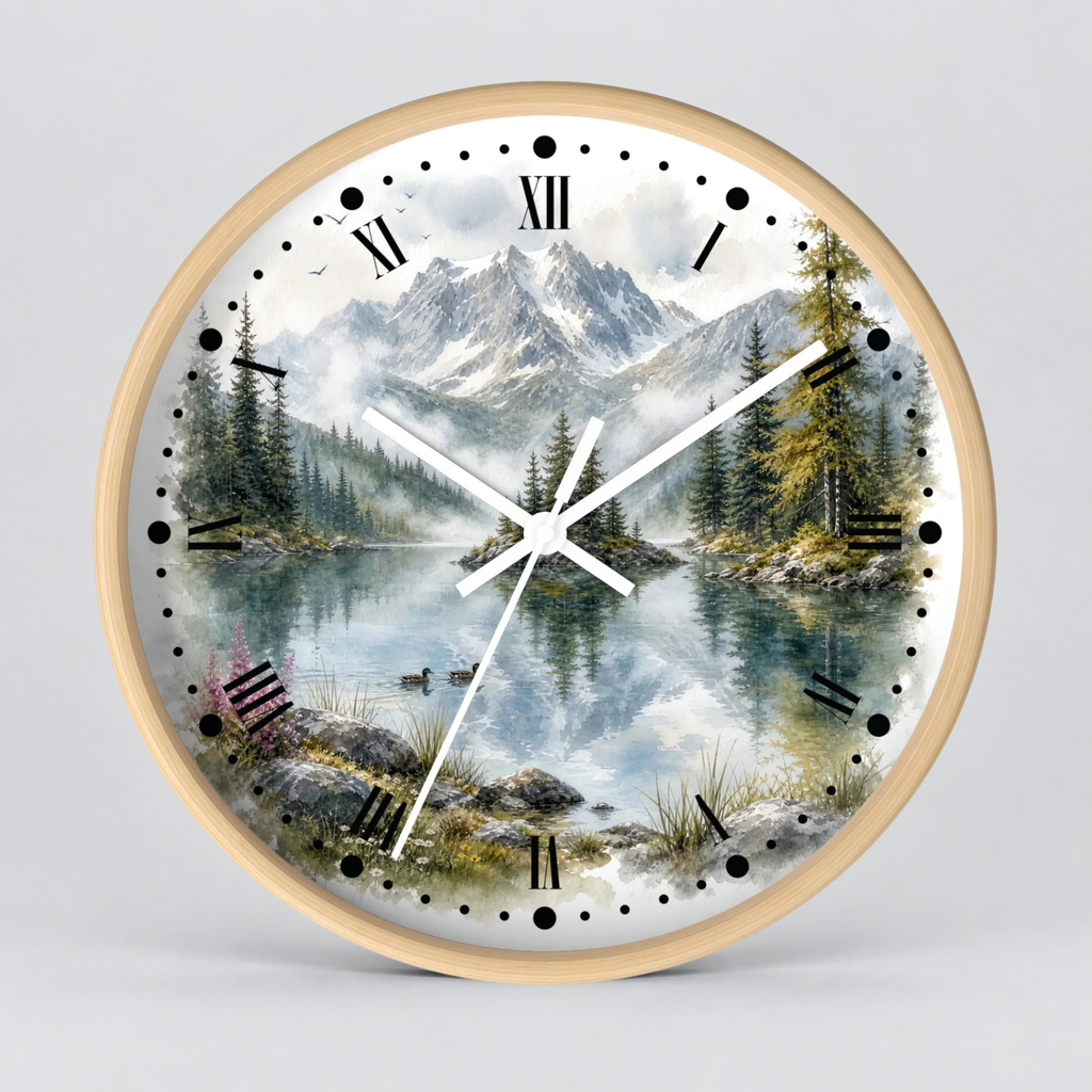 Round wall clock with a light wood frame and a scenic mountain lake print on the face, featuring black Roman numerals and white hands against a light gray background.