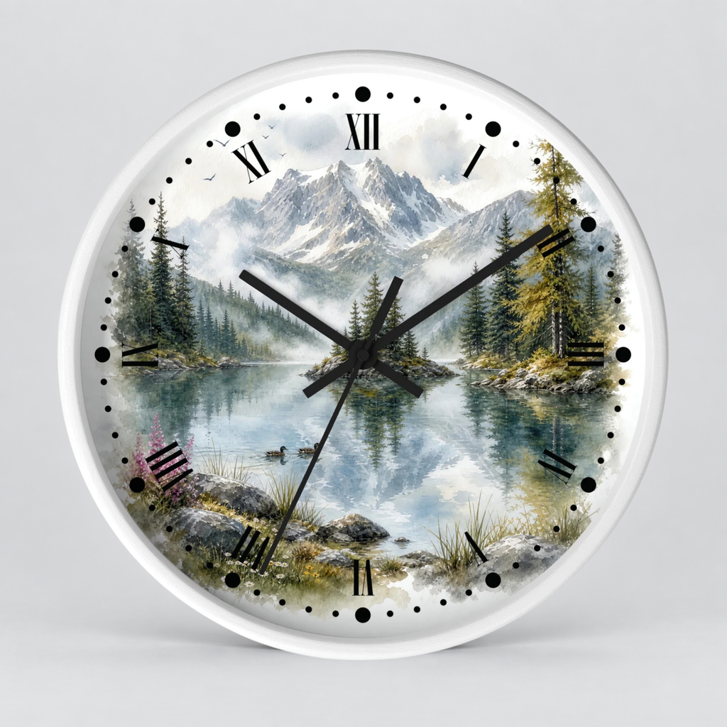 A round wall clock with a scenic mountain lake print on the face, black Roman numerals and hands, and a white outer rim, shown against a light gray background.