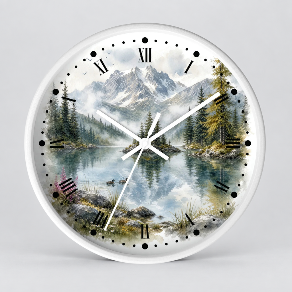A round wall clock with a scenic mountain lake print on the face, white rim, black Roman numerals, and white hands, shown against a light gray background.