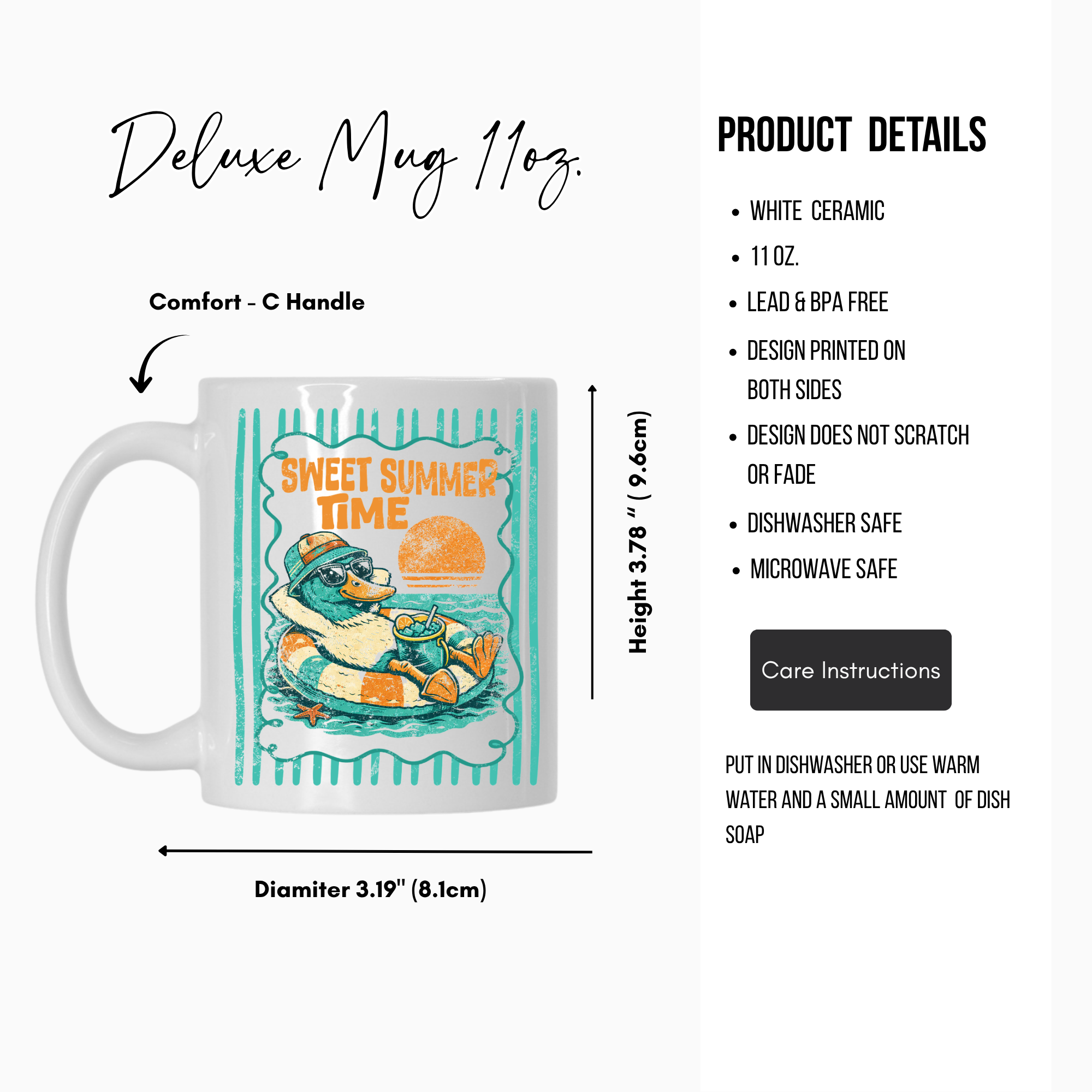 11oz. Mug with duck design and text 'Sweet Summer Time' on a white background with product details.