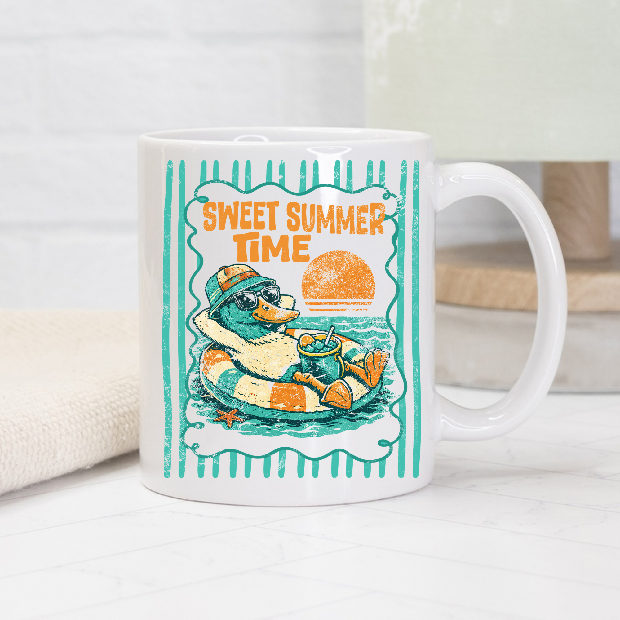 Mug with a duck illustration and 'Sweet Summer Time' text on a white background