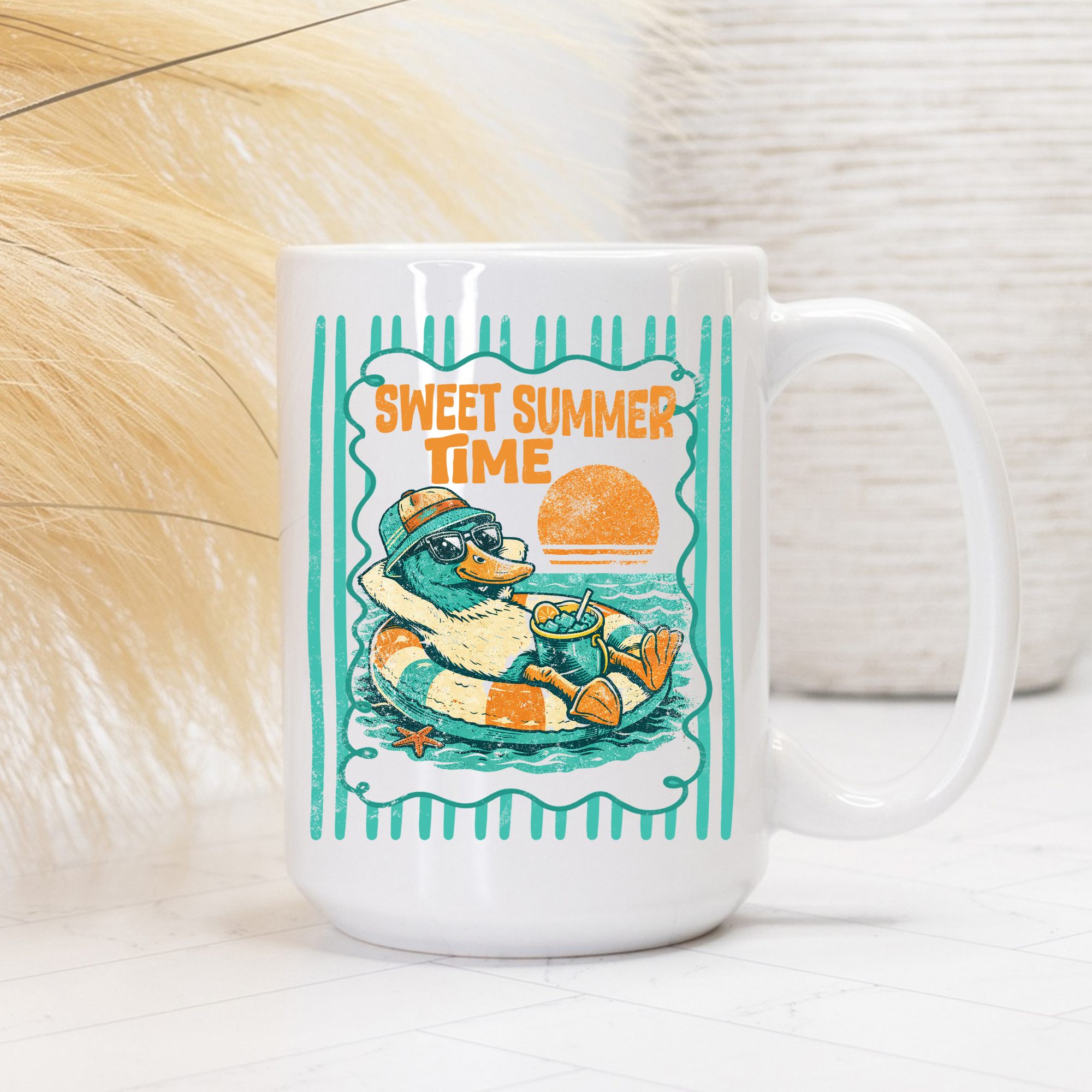 White mug with a duck graphic and 'Sweet Summer Time' text on a white background