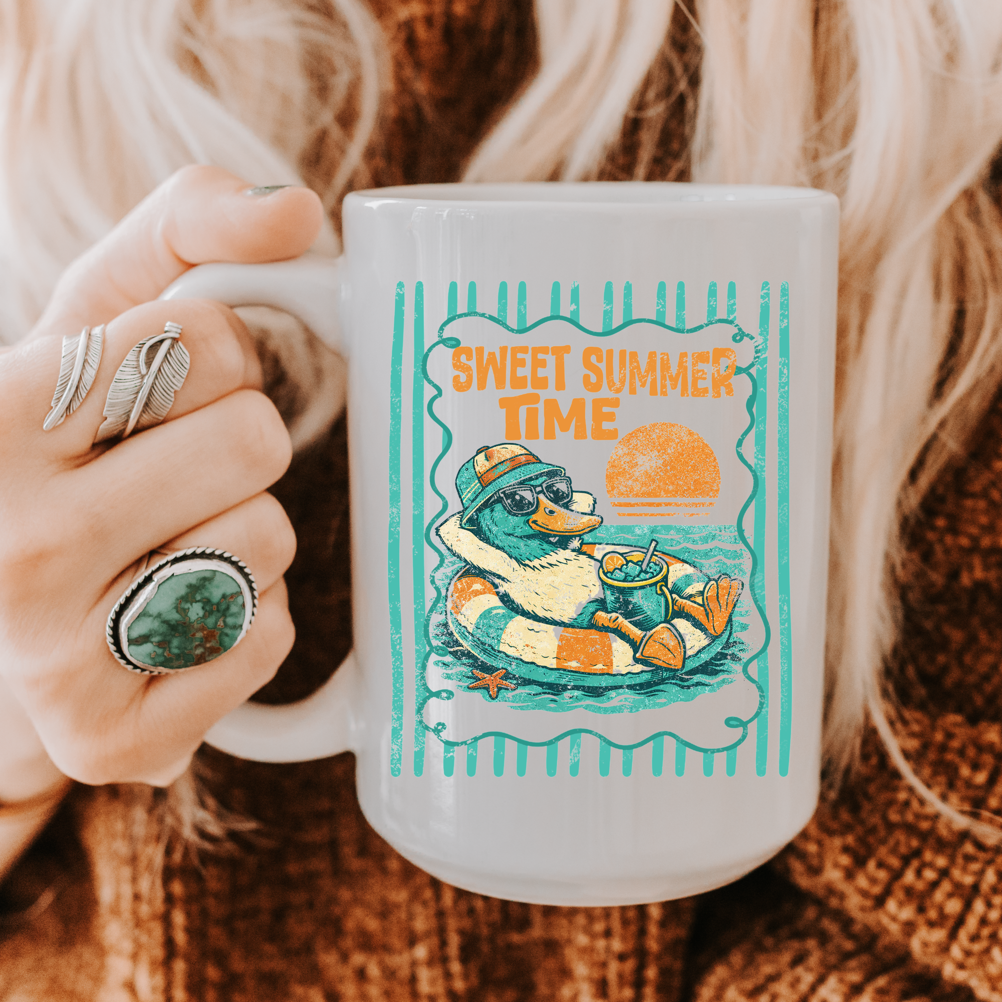 15oz. Mug with 'Sweet Summer Time' design featuring a duck holding a drink, held by a person.