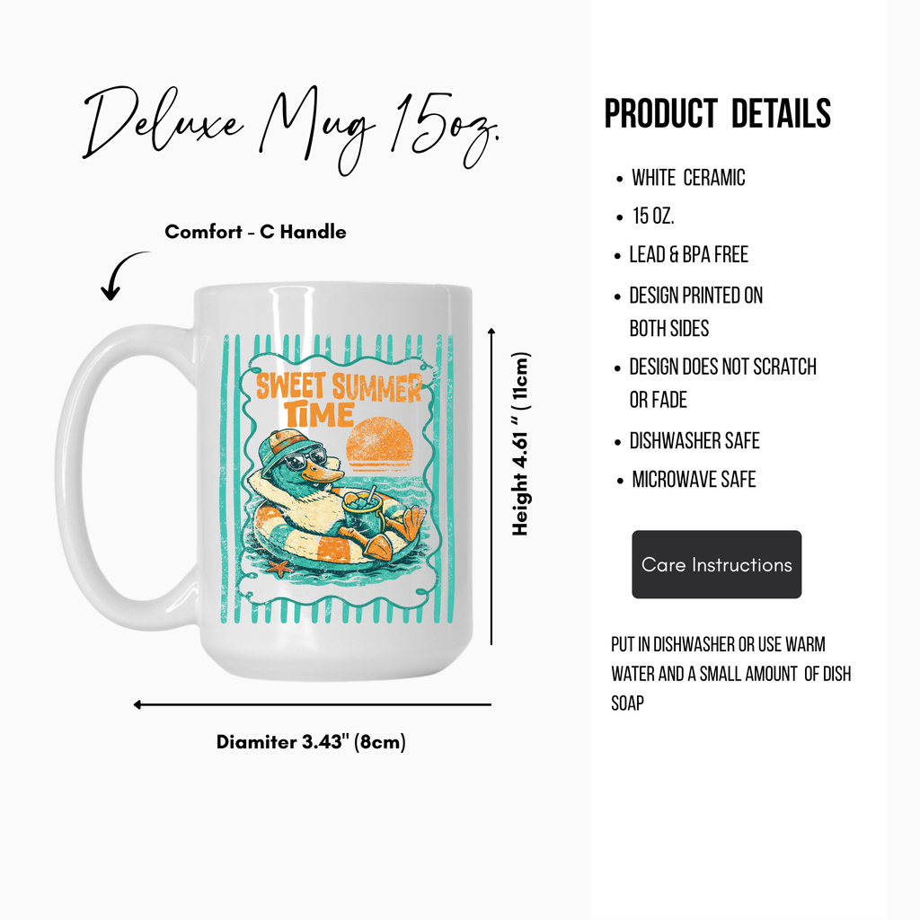 15oz. White ceramic mug with 'Sweet Summer Time' design, featuring a duck in a hat and sunglasses.