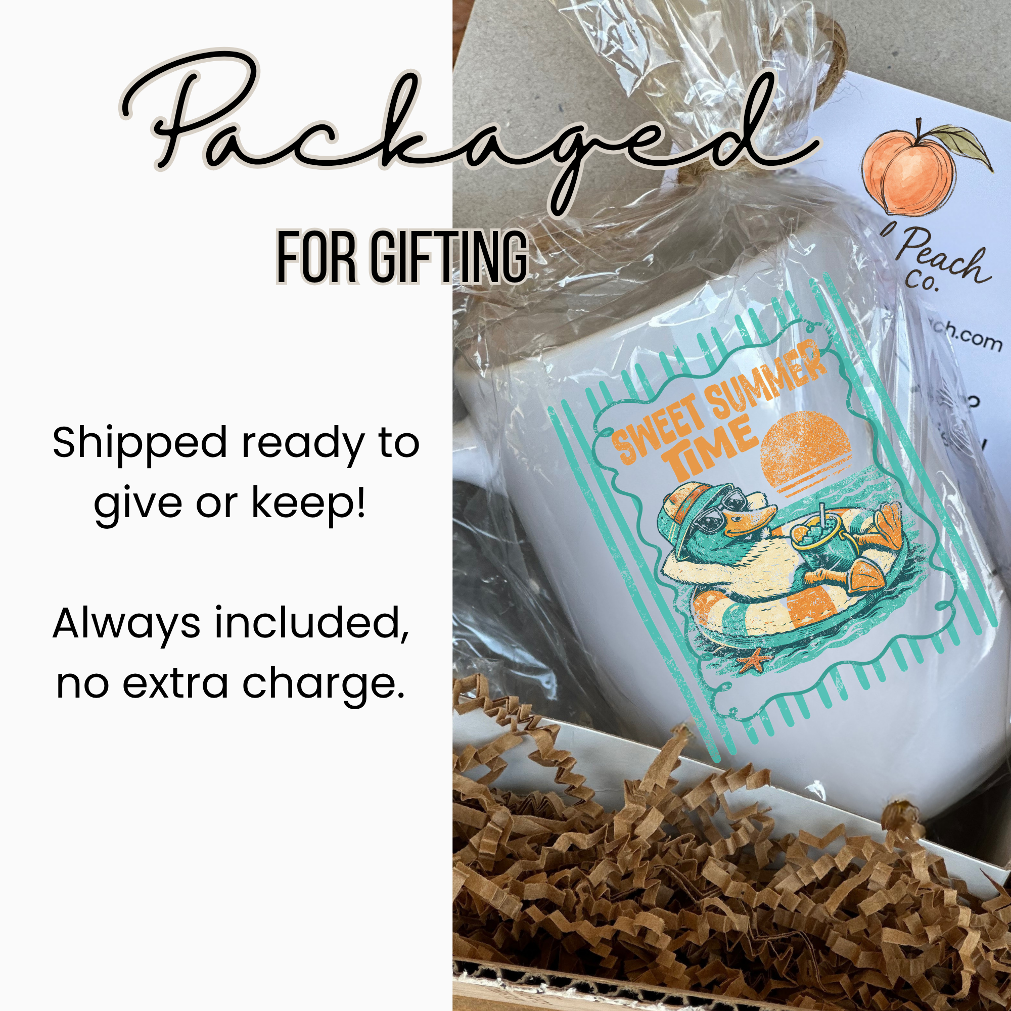 15oz. White mug with 'Sweet Summer Time' design in a clear package, labeled 'Packaged for Gifting'