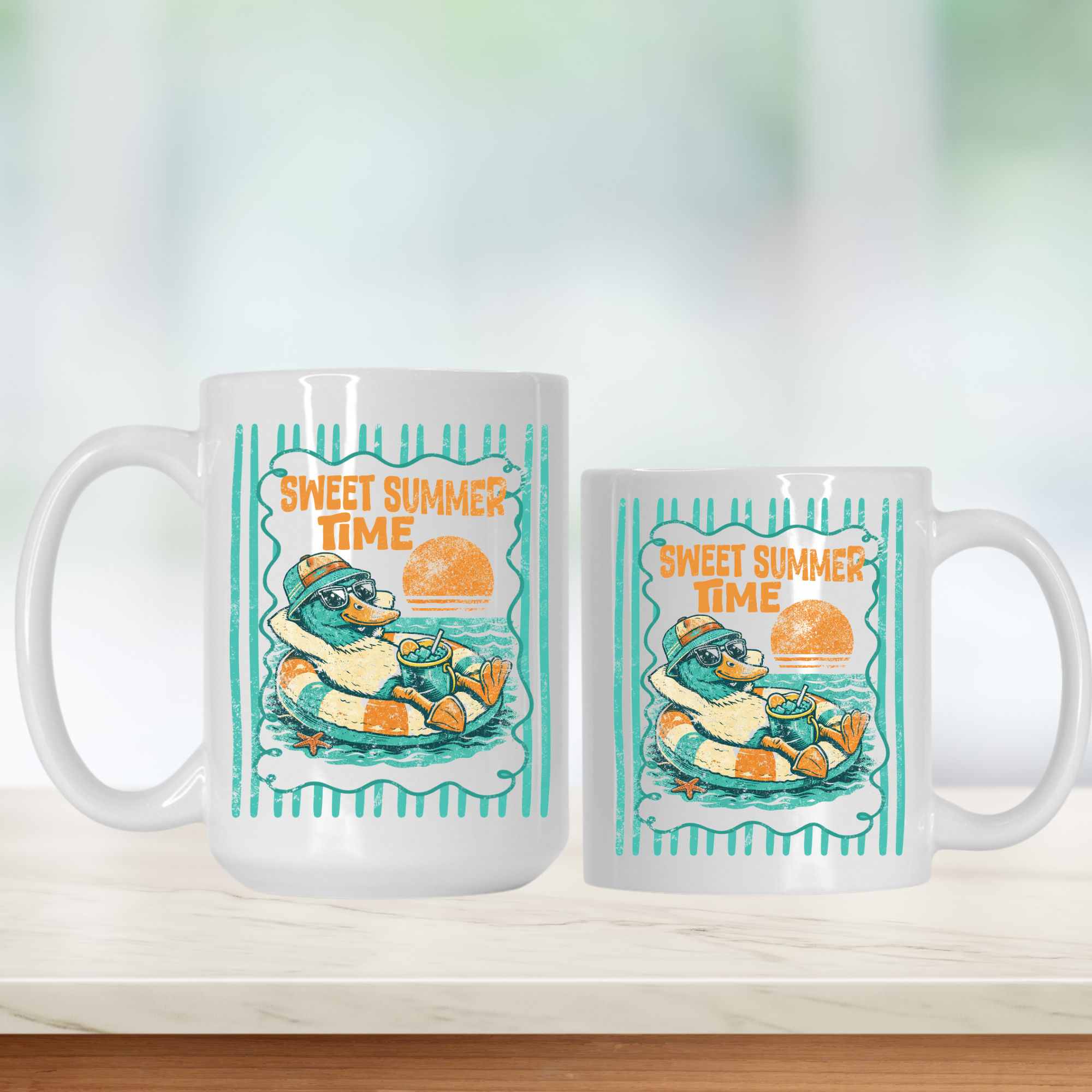 15oz. & 11oz. mugs with a cartoon duck design and 'Sweet Summer Time' text on a white background