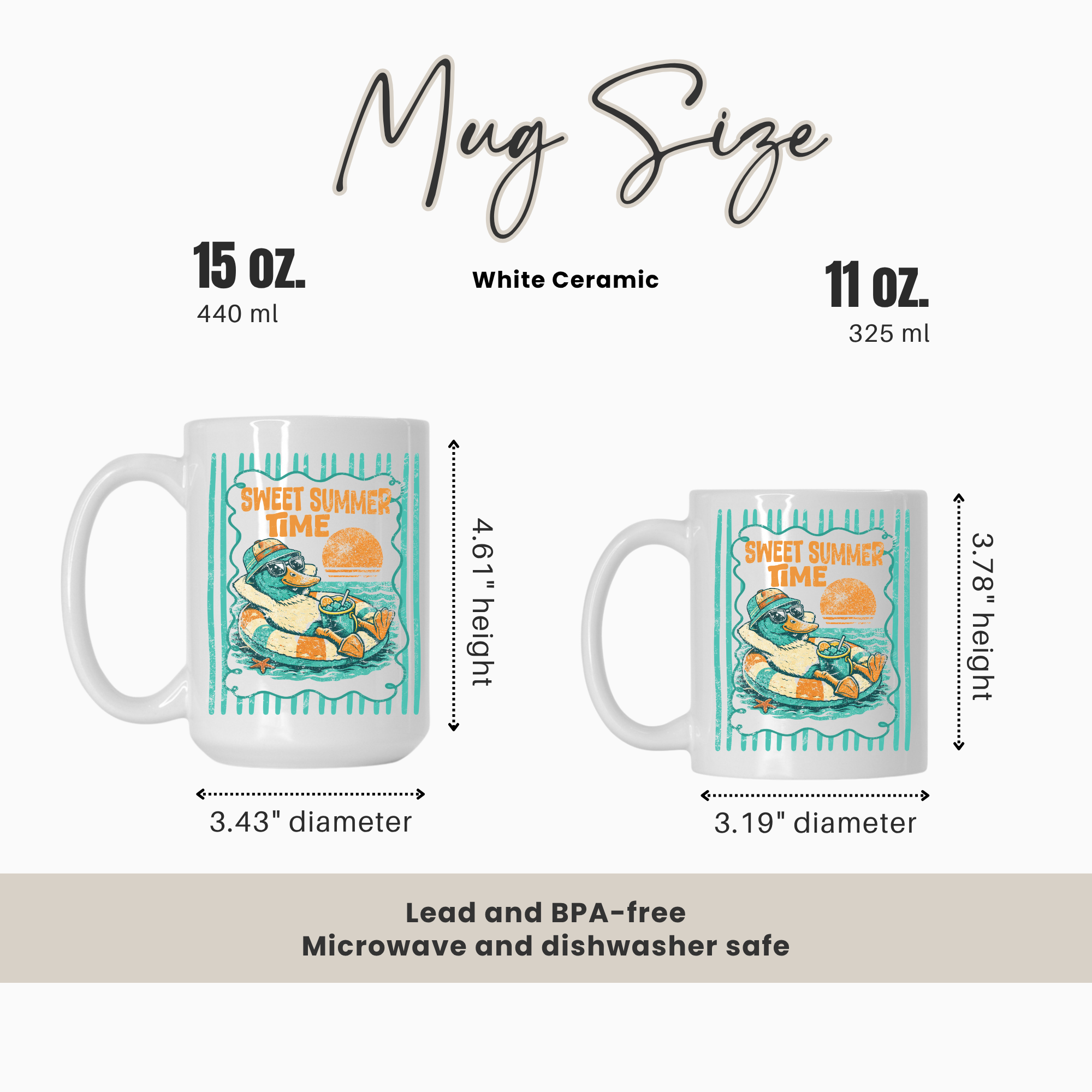 Mug size comparison chart with two mugs and measurements on a white background