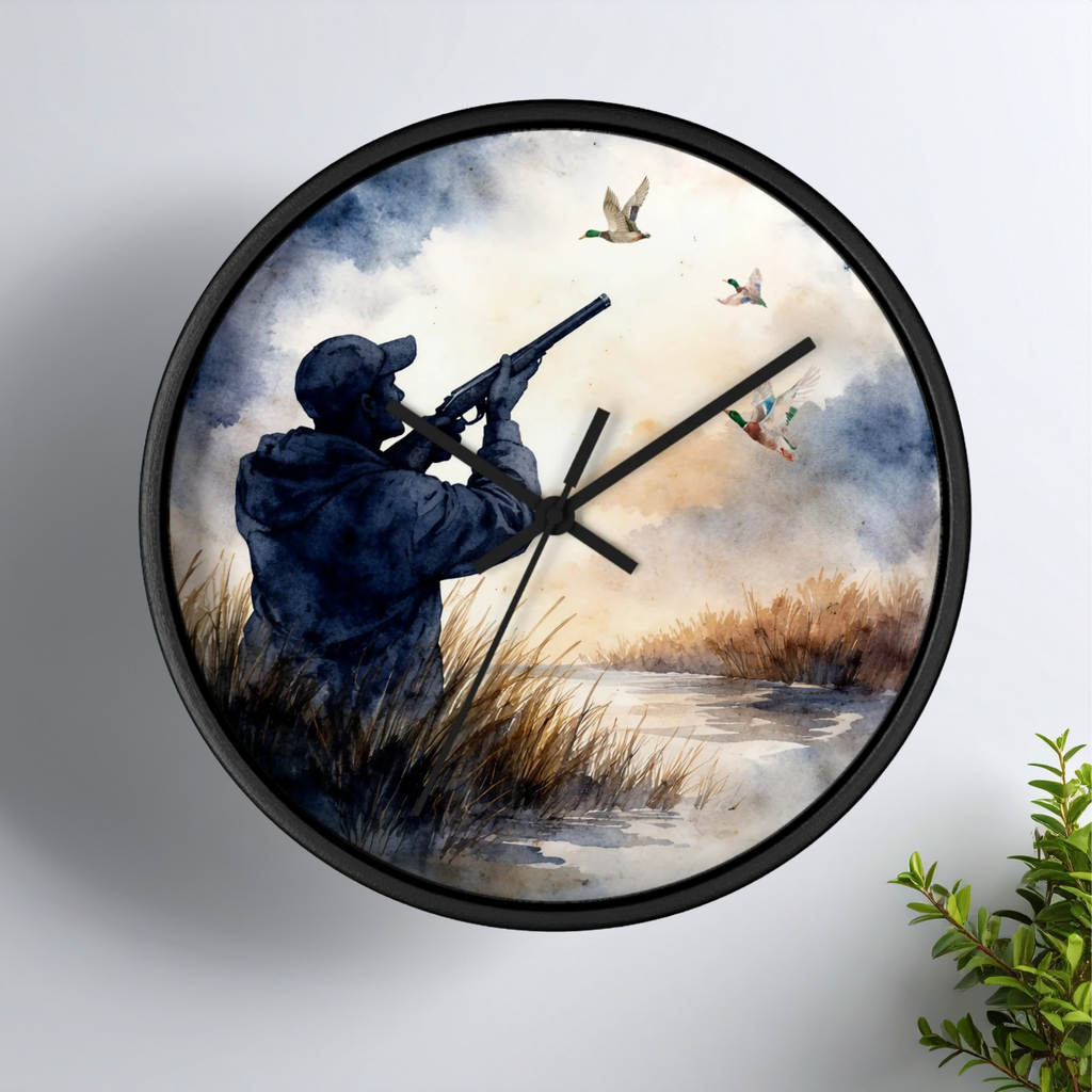 Round black wall clock with black hands and a watercolor illustration of a duck hunter in a marsh with mallard ducks flying above.