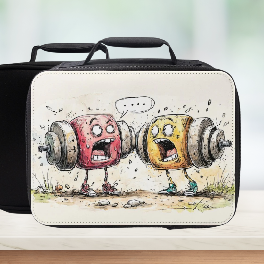 Lunch bag with cartoon design of two lifting weights on a white background