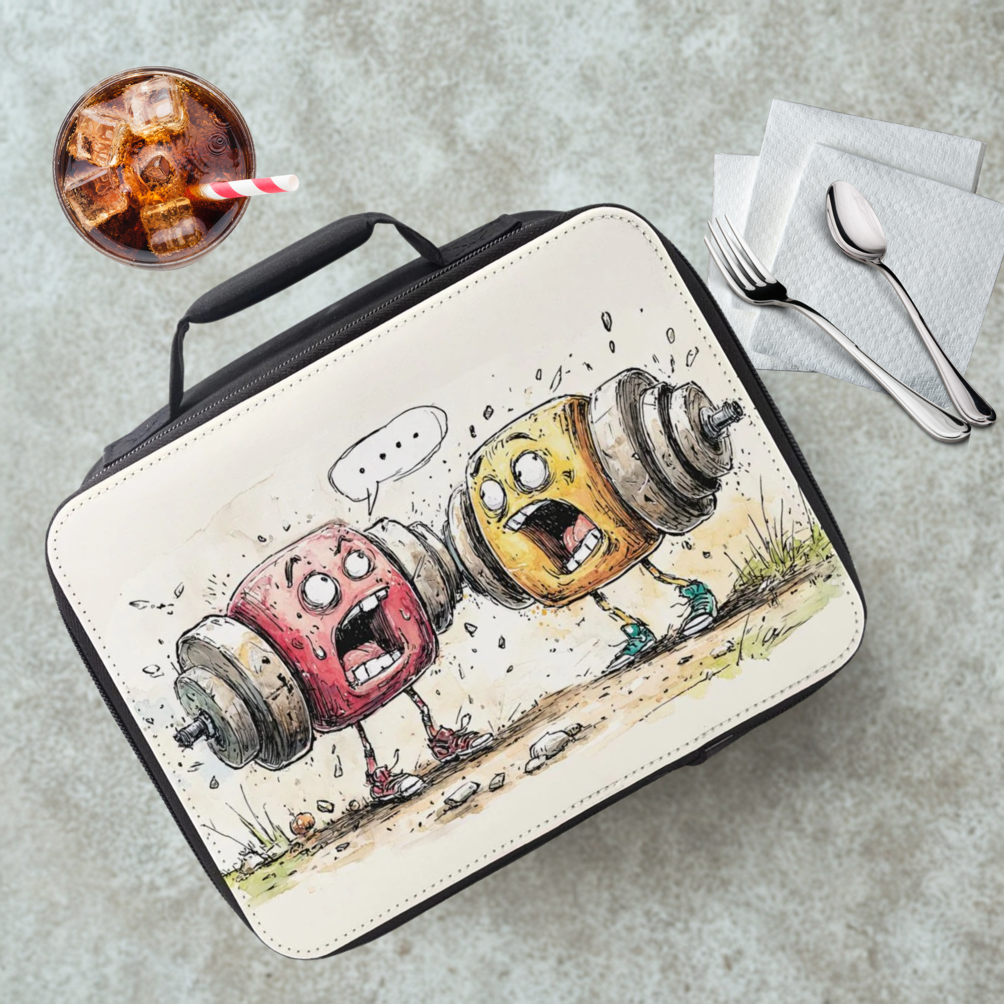  insulated lunch bag with cartoon design of lifting weights on a cafeteria table with a drink & utensils.