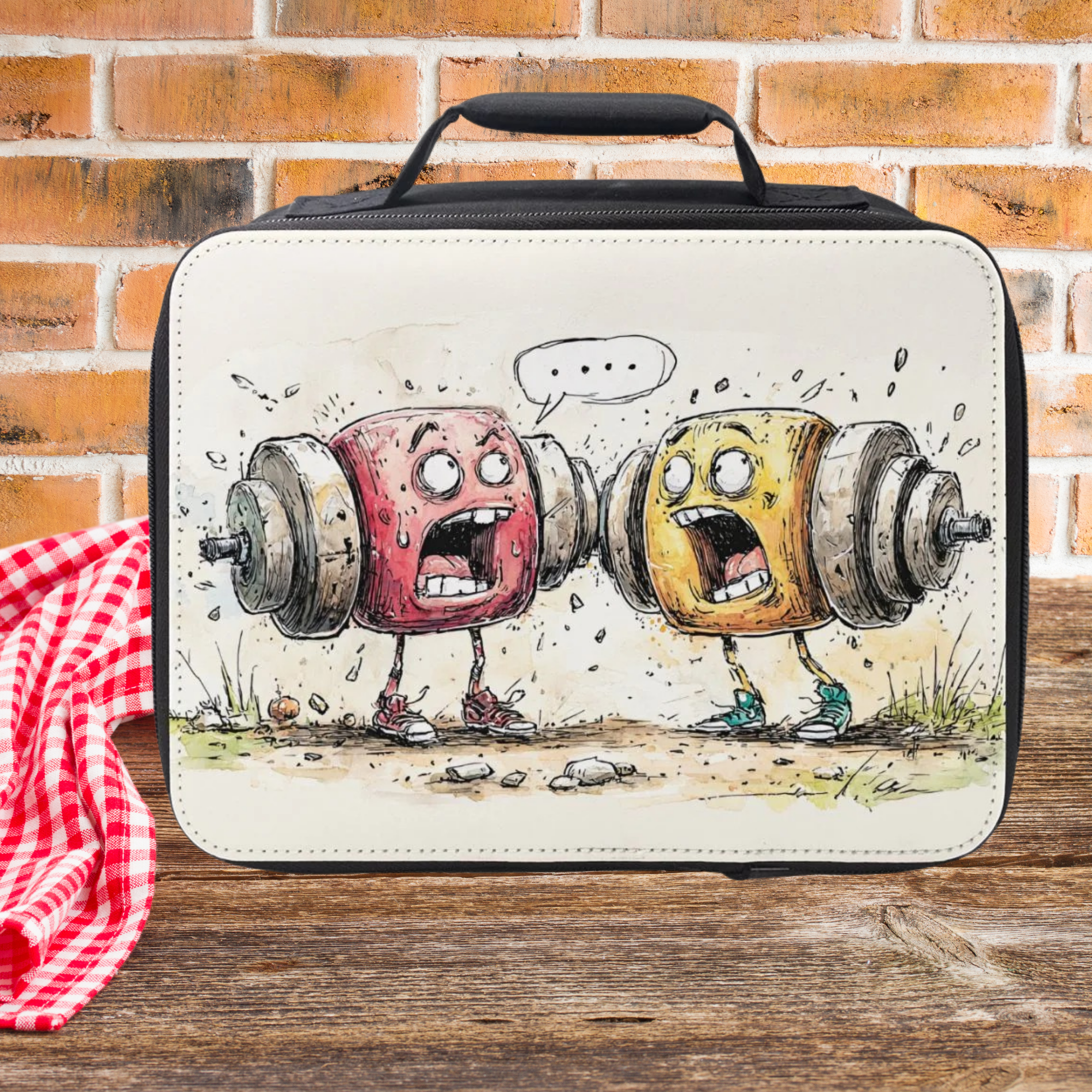 Lunch bag with cartoon design of two  lifting weights arguing, placed on a wooden picnic table with a brick wall background.