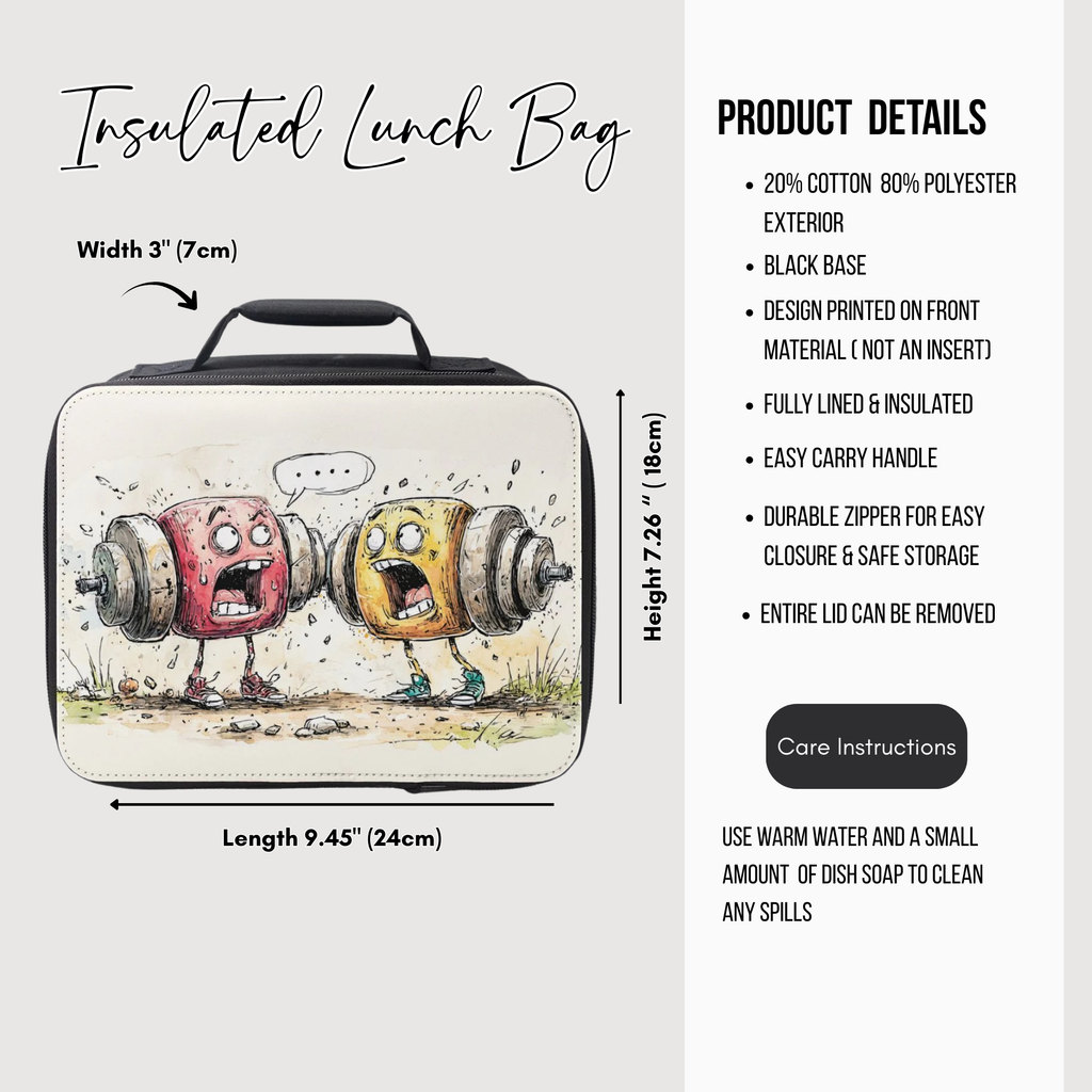 Insulated lunch bag with cartoon design of lifting weights and product details on a white background