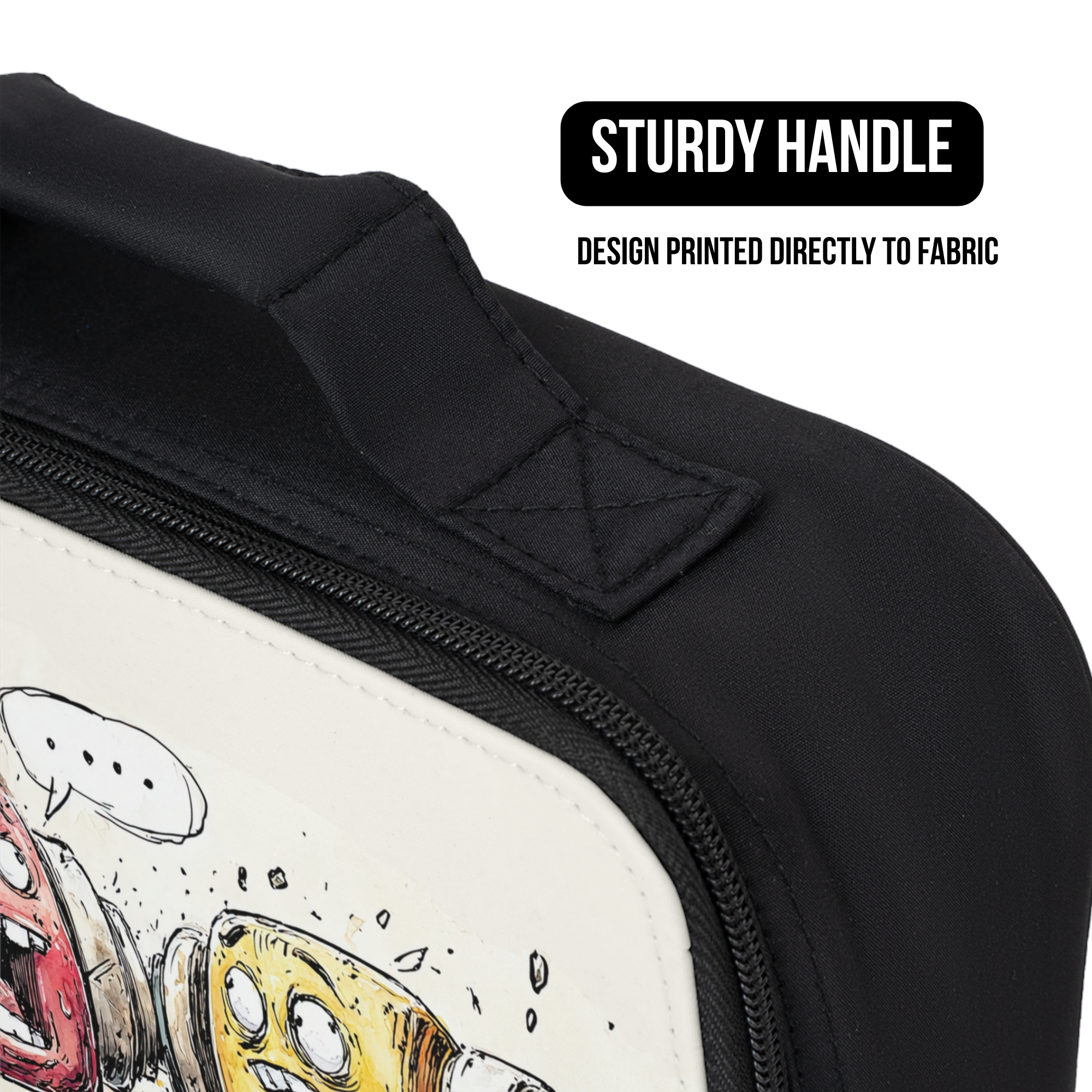 Black lunch bag with a colorful design on a white background, featuring text about a sturdy handle and printed design.