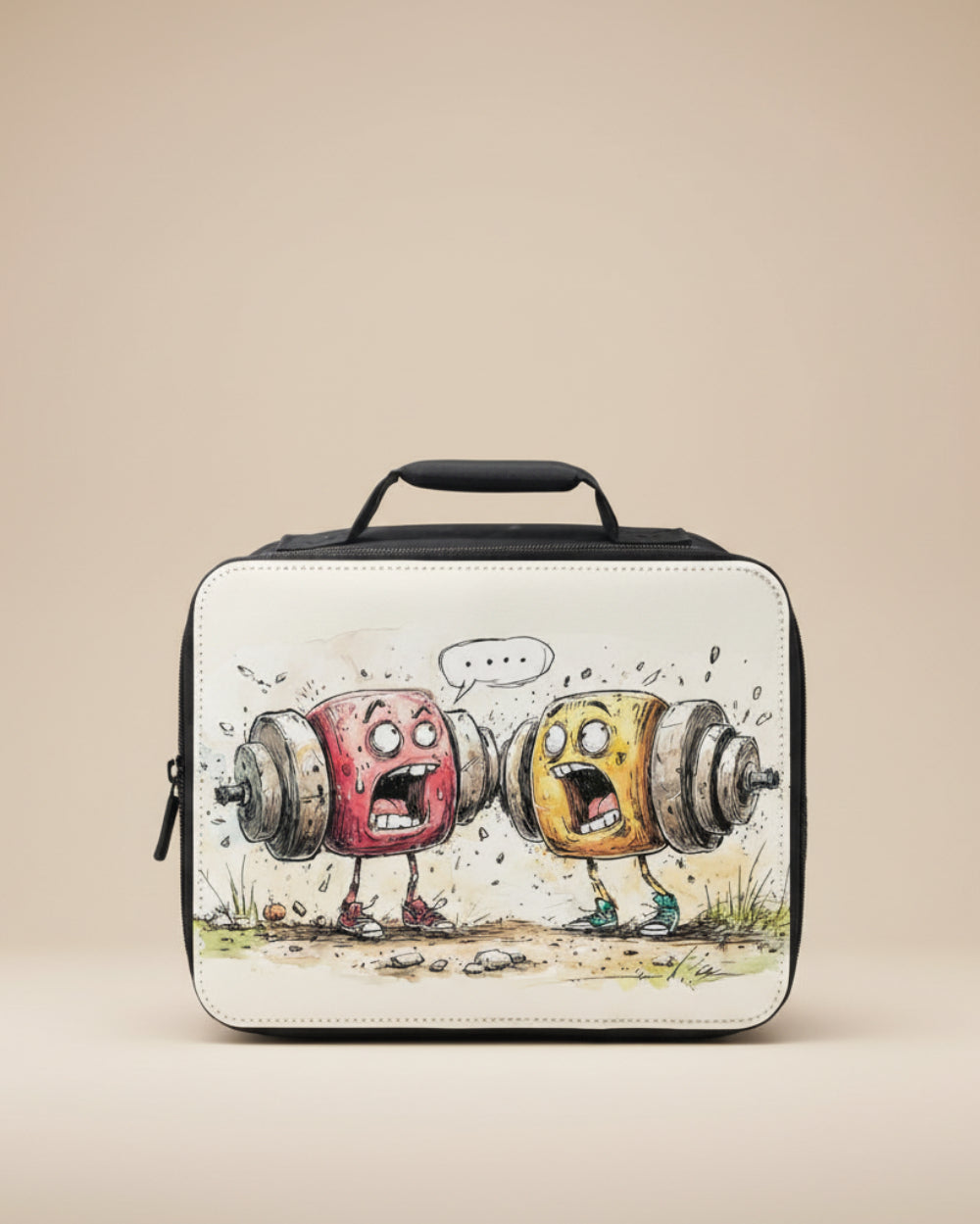  insulated lunch bag with cartoon design of two lifting weights