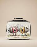  insulated lunch bag with cartoon design of two lifting weights