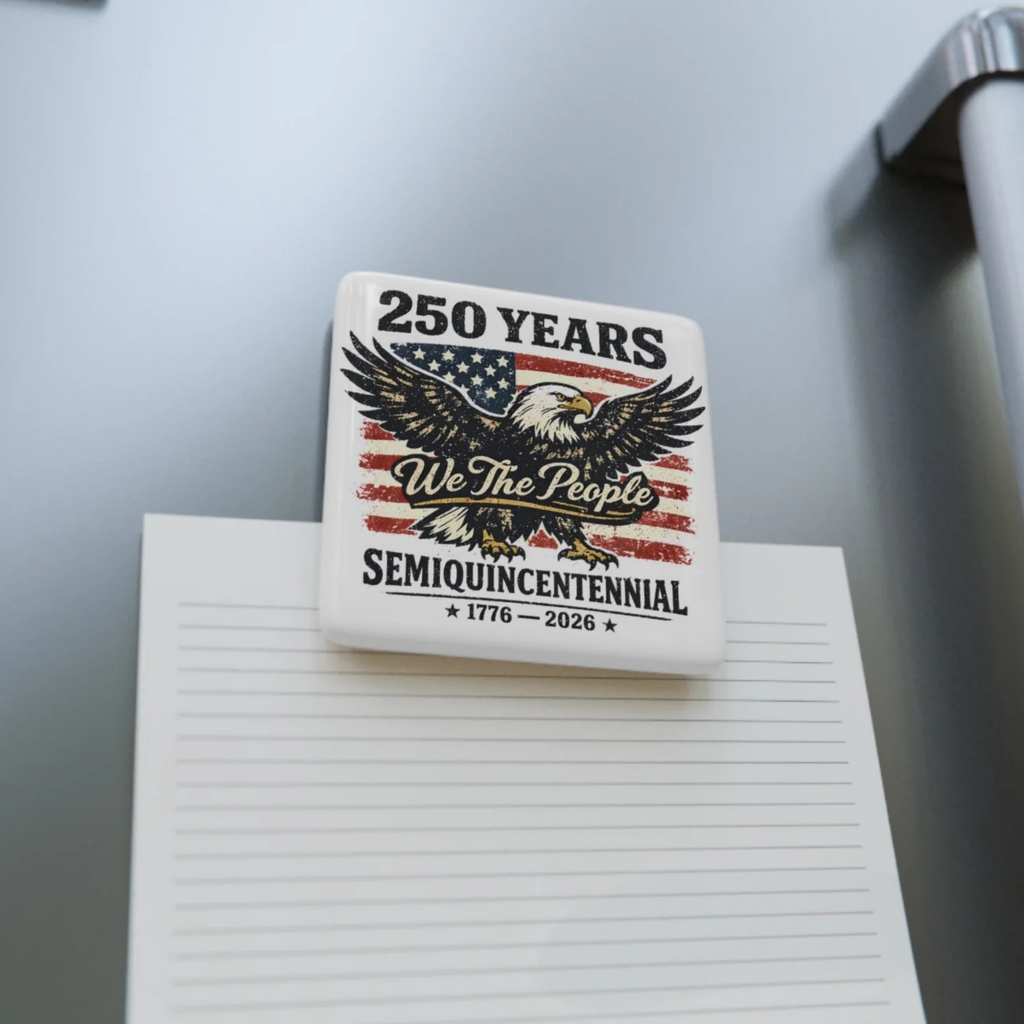 Small square magnet with an eagle and American flag design on a white surface